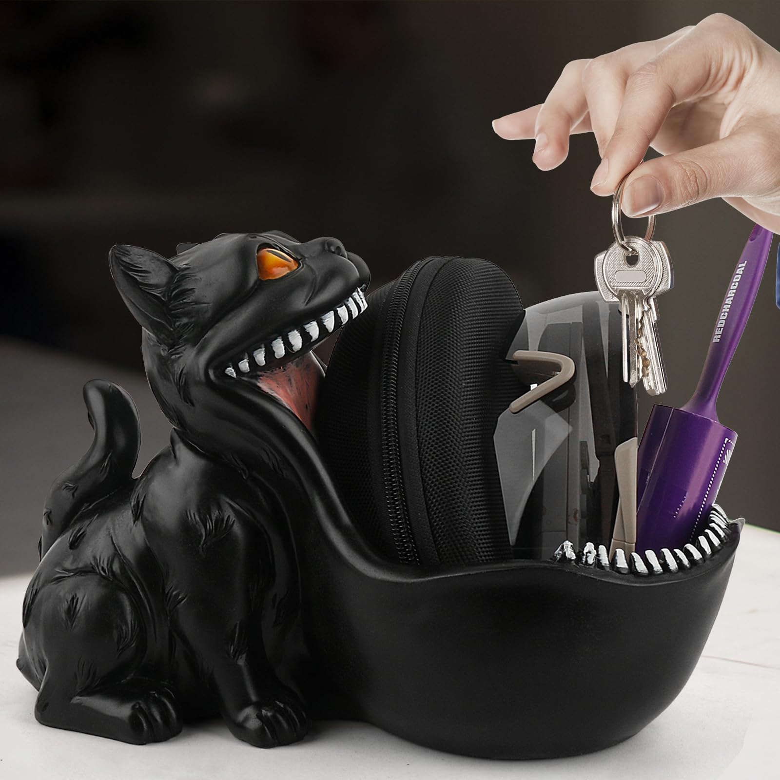 Gothic Black Cat Statue Candy Bowl - Large Decorative Dish for Office Desk, Entryway Table, Halloween Decor - Unique Gift for Cat Lovers (Big Mouth Design)