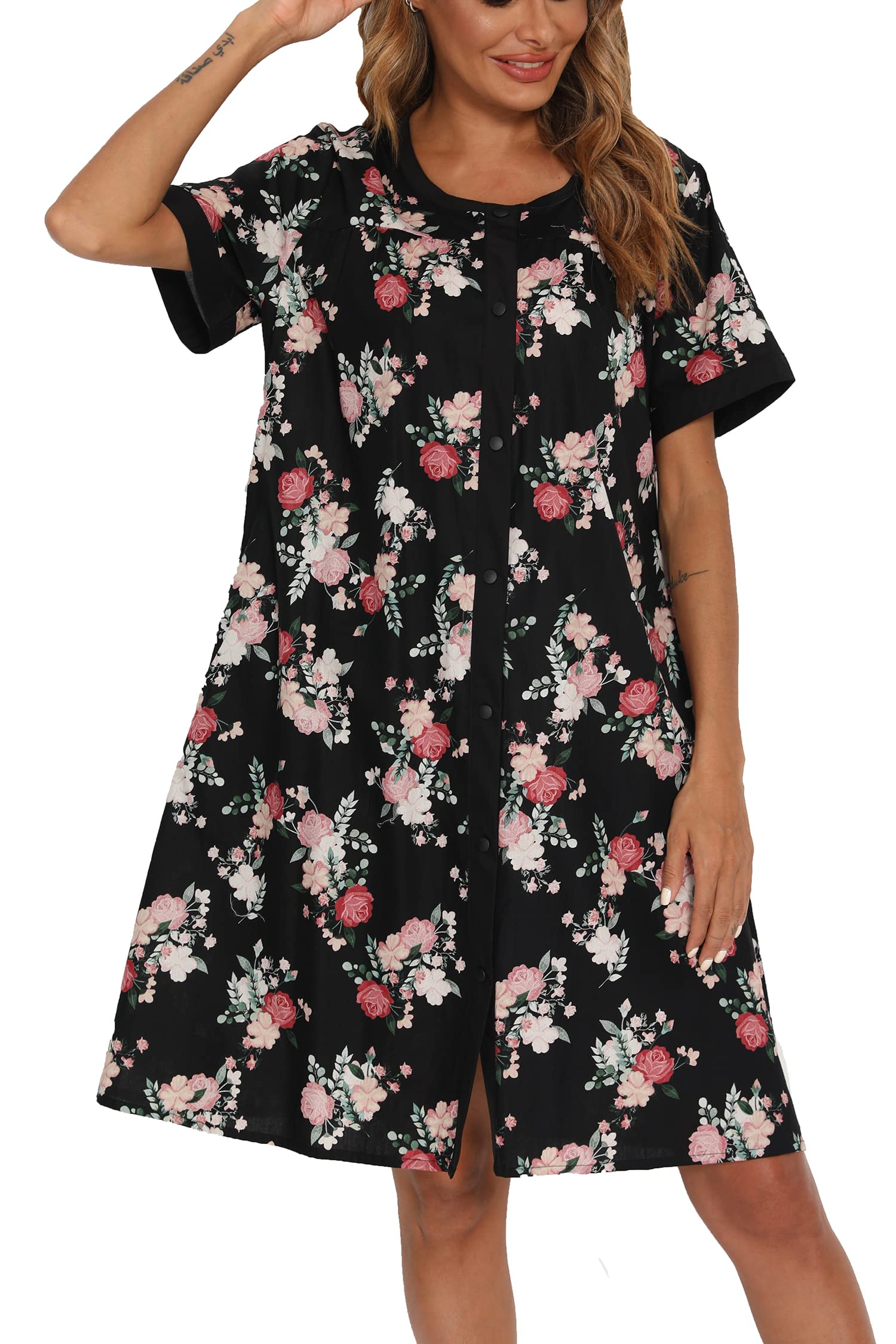 YOZLY Women's Short Sleeve House Dress - Comfortable Cotton Duster Robe with Pockets | Perfect for Lounging, Morning Coffee & Nursing Maternity Wear