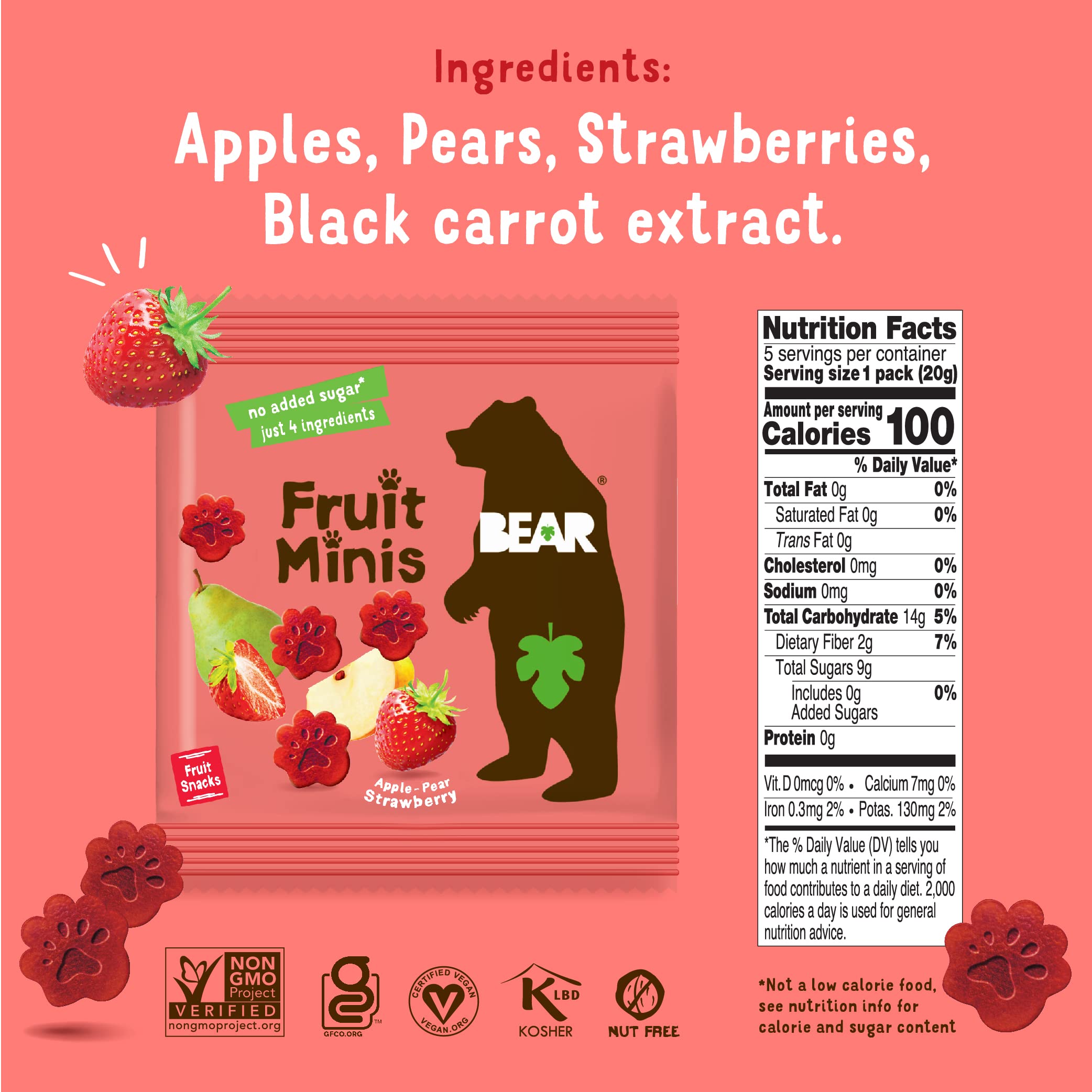 BEAR Real Fruit Snack Minis, Strawberry - 18 Pack of Healthy Gluten Free Vegan Non-GMO Bite-Sized Snacks (0.7 Oz) - Perfect for Kids Lunchboxes, School Snacks & On-the-Go Healthy Treats
