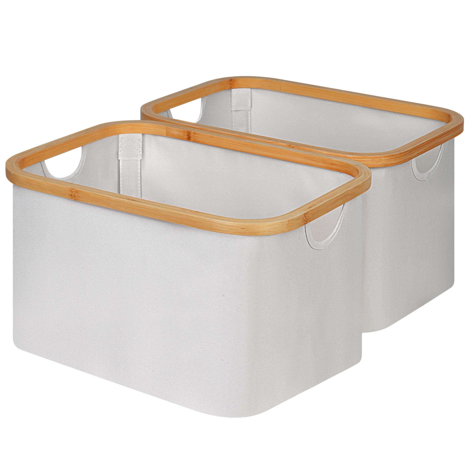 2-Pack Collapsible Storage Baskets with Bamboo Handles - Foldable Rectangle Closet Organizer for Toys, Books, Shelves & Wardrobe - Light Grey Home Organization Solution for Bedroom, Nursery & Office