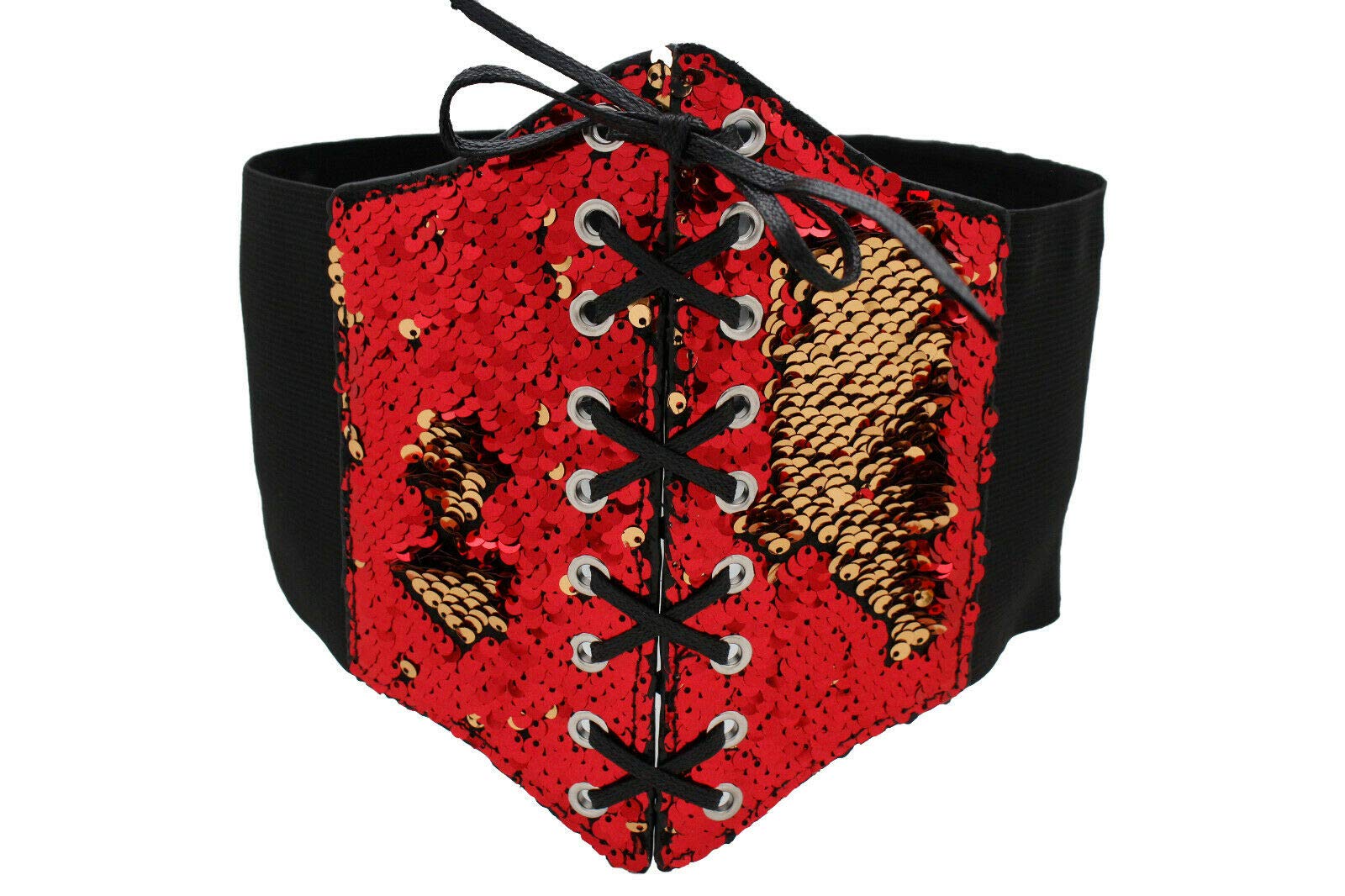 Women's Wide Elastic Corset Belt with Bling - High Waist Red & Gold Sequins - Size S/M - Perfect for Waist Training, Costume Parties & Burlesque Outfits