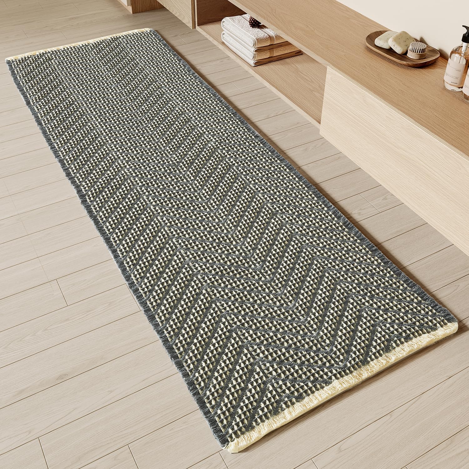 2'x6' Waffle Self-Drying Bath Mat - Non-Slip Ultra Soft Bathroom Rug in Bluish Grey & Yellow - Perfect for Bathroom, Shower, and Vanity Areas
