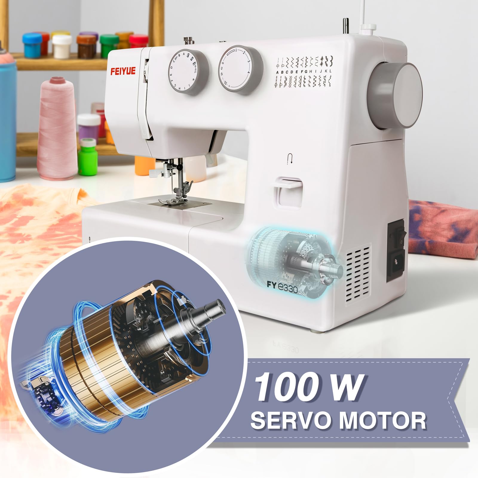 FEIYUE FYe330 Electric Sewing Machine for Home Use with Foot Pedal & Speed Control - 105 Built-in Stitches, Quiet Servo Motor - Perfect for Beginners & DIY Projects (White) - Ideal for Clothing Repair, Quilting & Crafting