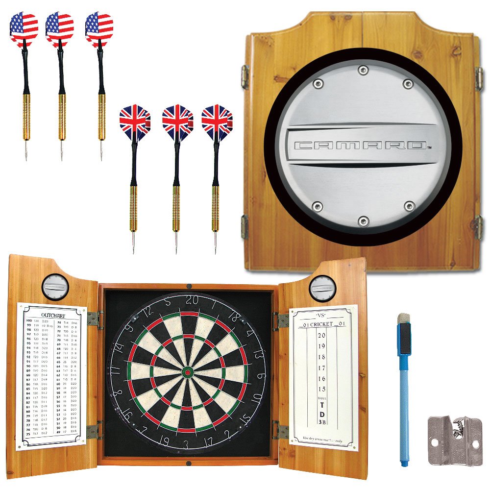Chevrolet Camaro Wooden Dart Cabinet Set - Classic American Sports Car Themed Dartboard for Game Room, Man Cave, or Bar Decor - Perfect for Parties and Sports Fans