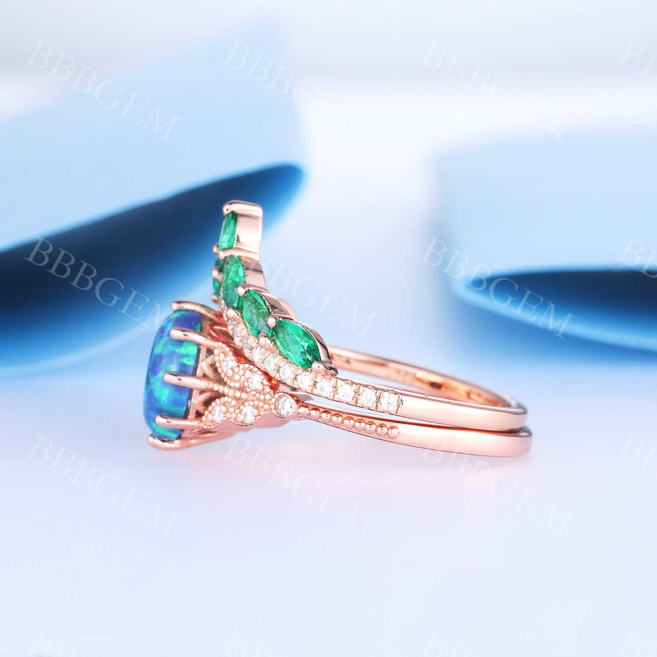 Oval Black Opal Ring with Diamond & Emerald Crown - Elegant Eternity Wedding Band Set for Women | Perfect for Engagement, Anniversary & Special Occasions