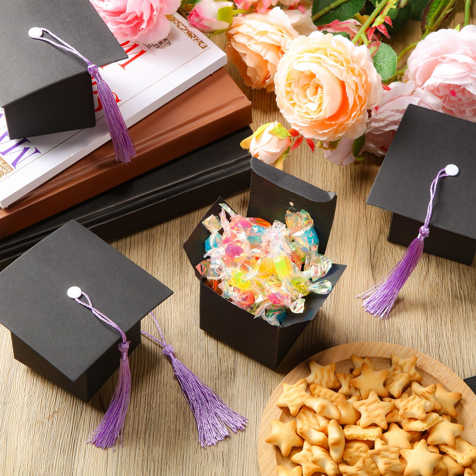 Bememo 100-Pack Purple Graduation Candy Boxes with Tassel - Class of 2025 Graduation Party Favors, Cap Gift Boxes & Centerpieces for Graduation Ceremony, School Events & College Celebrations