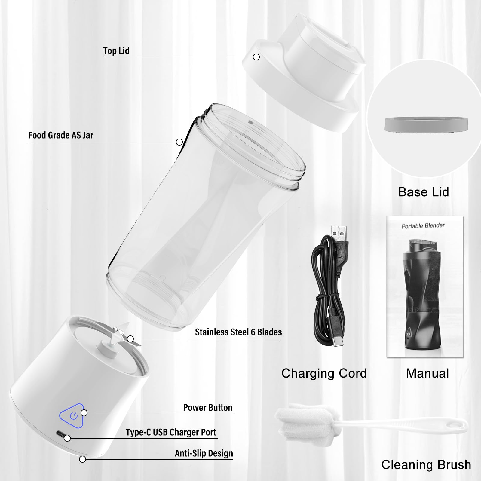 Neza 360W Portable Personal Blender - 24oz Mini Blender for Protein Shakes, Smoothies & Juices | BPA Free, Self Cleaning, 6000mAh Battery & 6-Blade System | Perfect for Gym, Office & Travel (White)