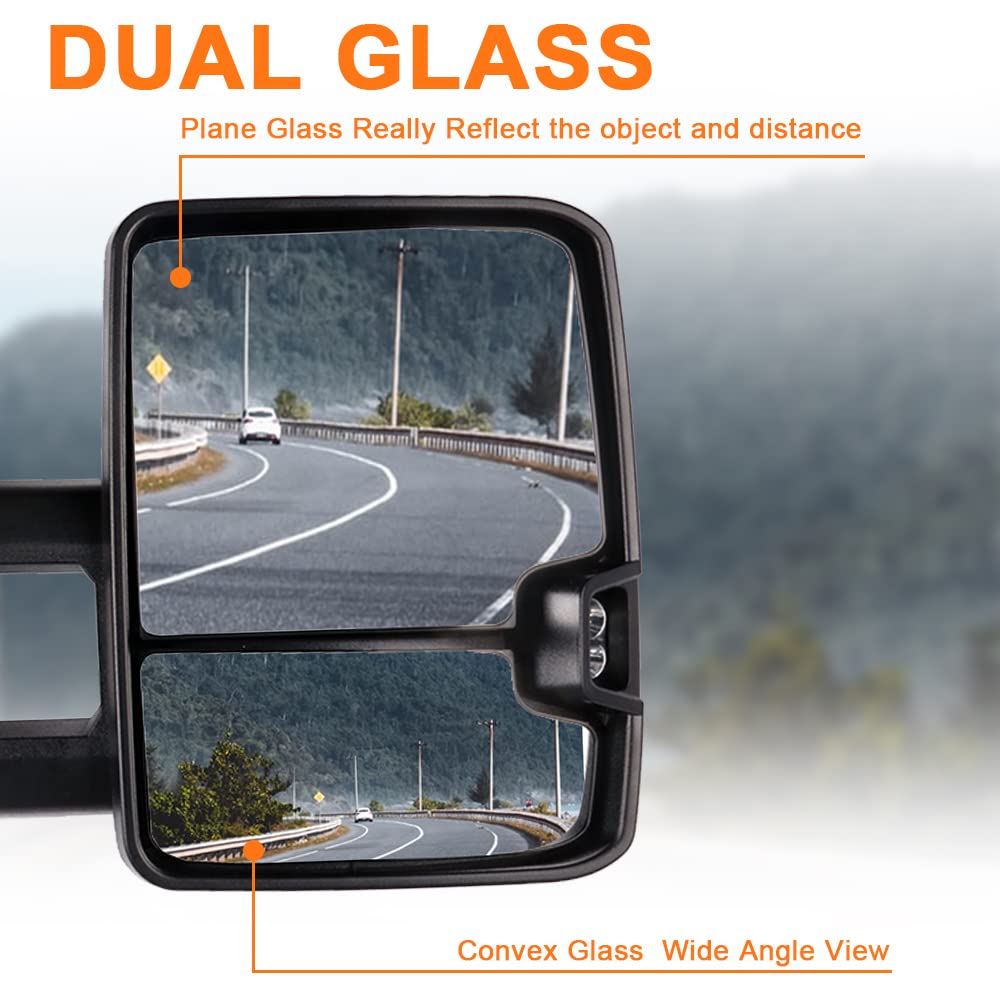 Roadfar Power Heated Towing Mirrors for 1999-2002 Chevy Silverado & GMC Sierra Pickup - LED Turn Signal, Running Lights, Chrome Housing (Left & Right Side) - Perfect for Towing, Camping & Off-Road Adventures