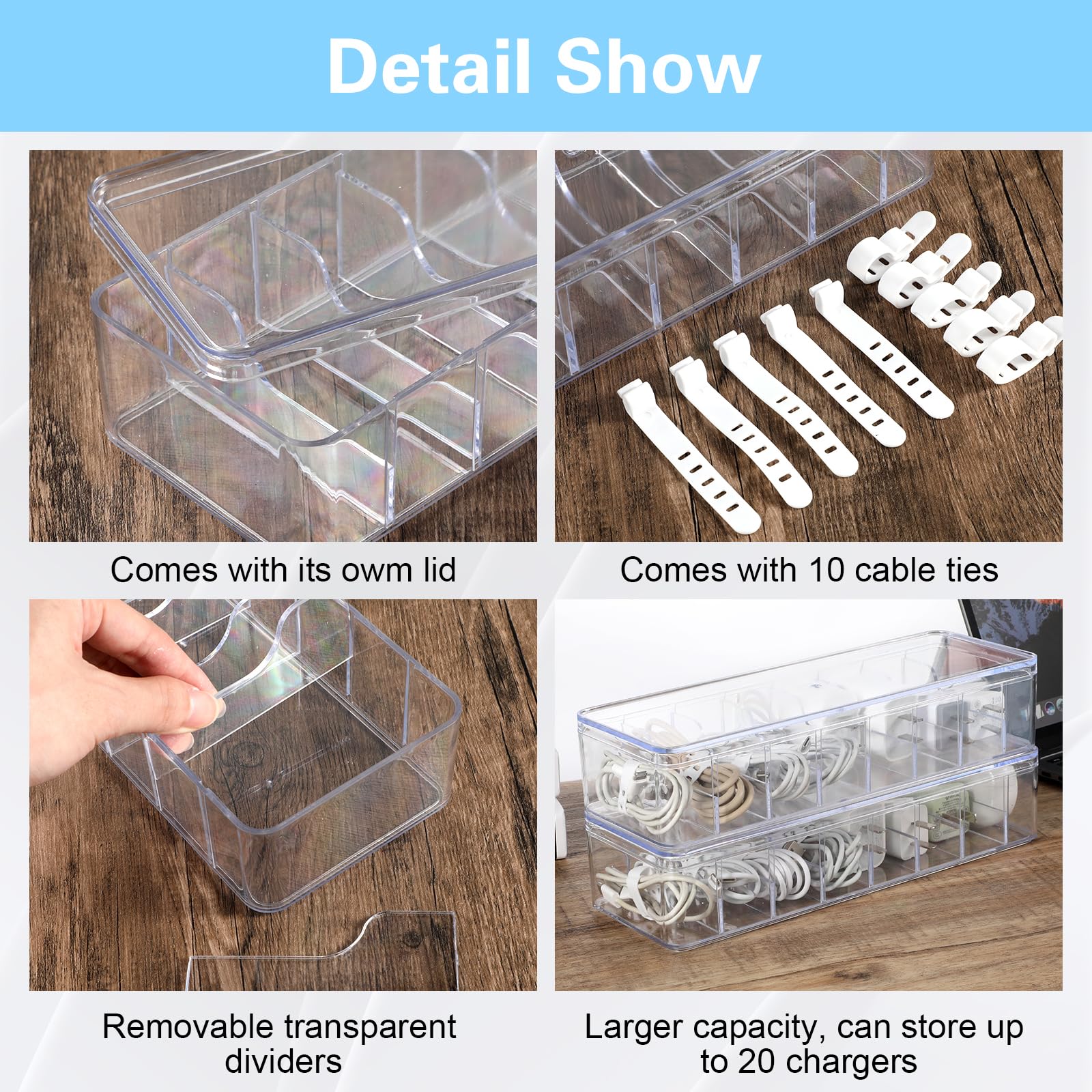 4-Pack Large Clear Plastic Cable Organizer Box with Lid & 20 Wire Ties - Cord Storage Solution for Electronics, Chargers, Home Office & Desk Organization - Perfect for TV Wires, Computer Cables & Charging Stations