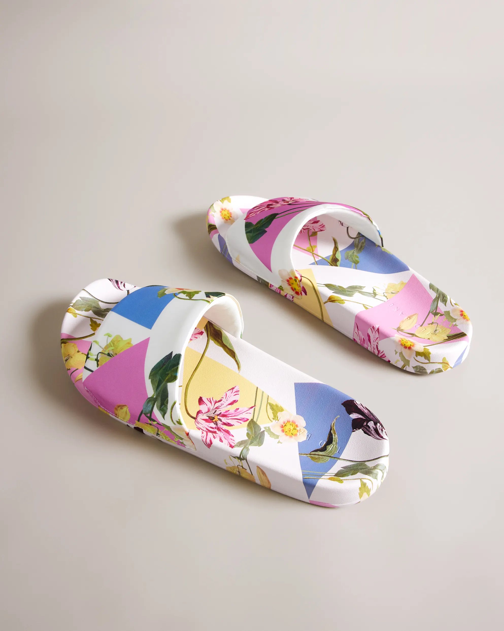 Azzyla Floral Printed Satin Sliders for Women - Comfortable White Slide Sandals for Summer, Beach, and Home Wear