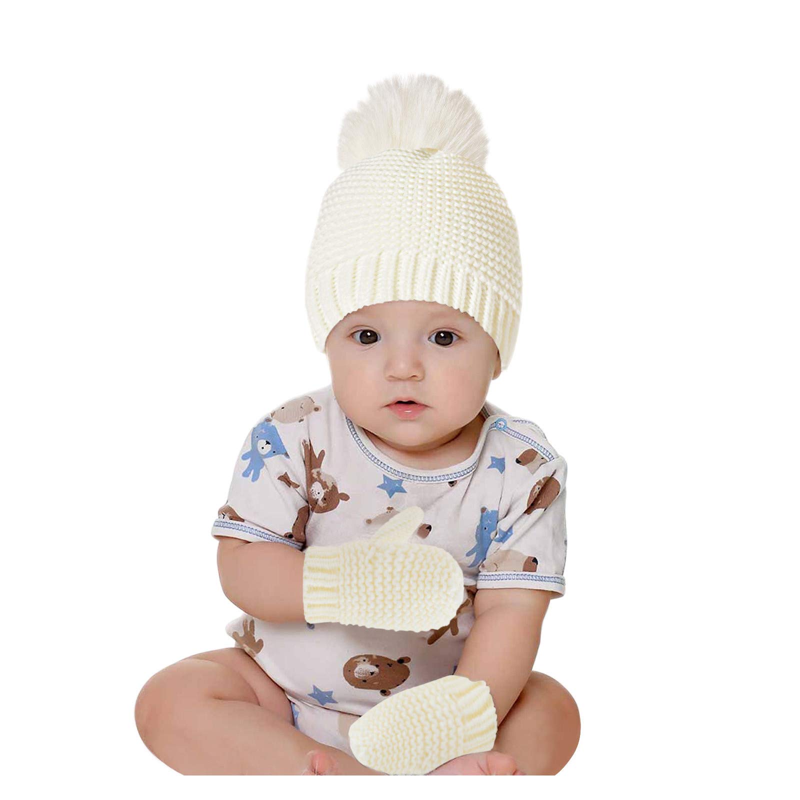 Newborn Baby Beanie Hat Set for Boys & Girls - Soft Cotton Knitted Winter Warm Hats with Matching Gloves (0-6 Months) | Perfect for Newborn Photoshoots, Winter Outings & Holiday Gifts