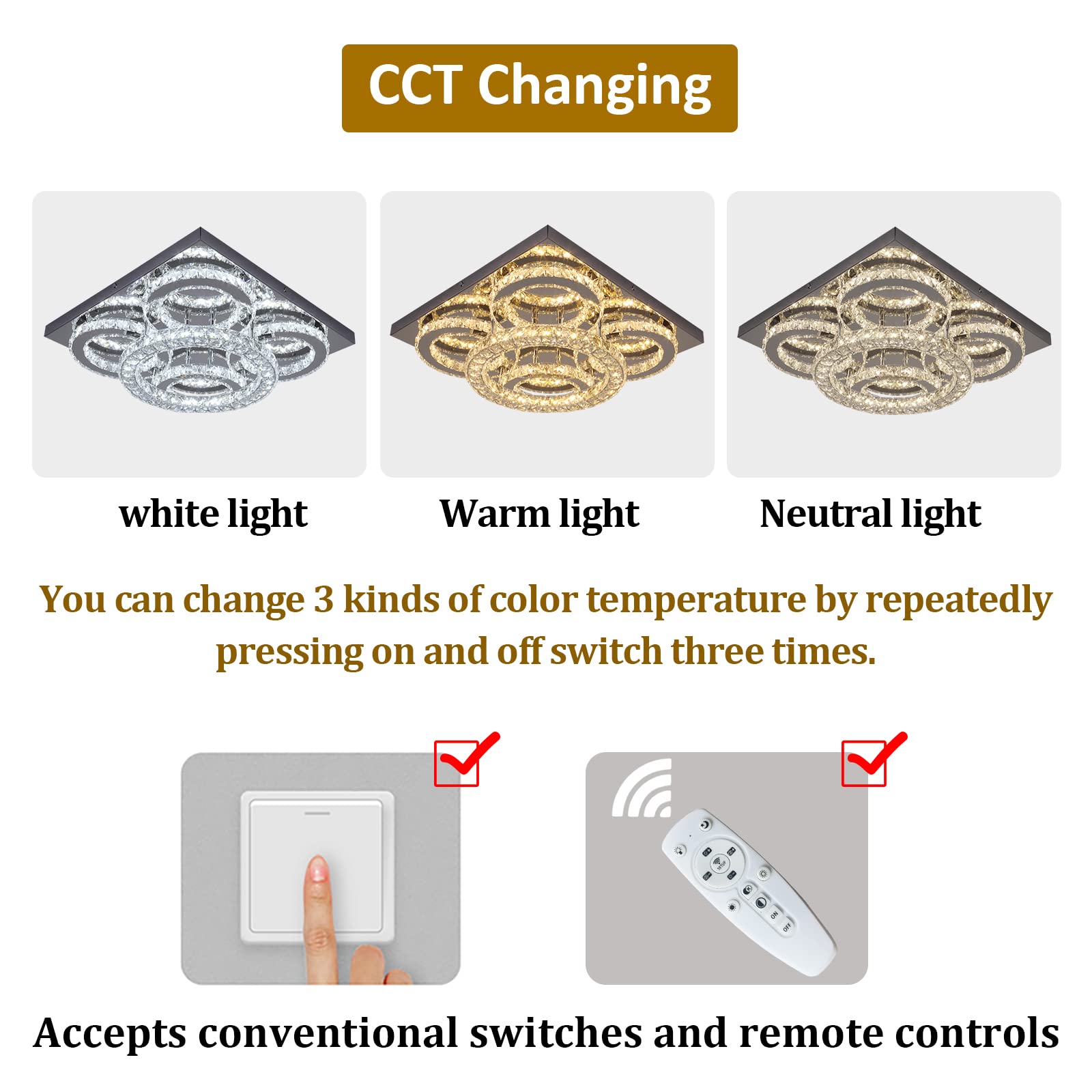 GreeLustr Modern Crystal Ceiling Light Fixture - 5 Ring Dimmable LED Chandelier with Remote Control, Flush Mount Lighting for Bedroom, Living Room & Dining Room | Energy Efficient Home Decor Lighting Solution