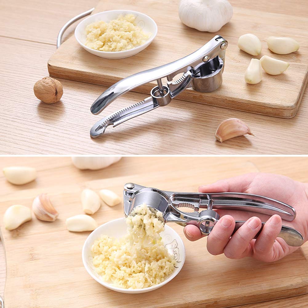 Stainless Steel Manual Garlic Press - Heavy Duty Garlic Crusher & Mincer with Walnut Clip, Fish Scale Scraper & Bottle Opener - Perfect for Kitchen, Camping & Outdoor Cooking