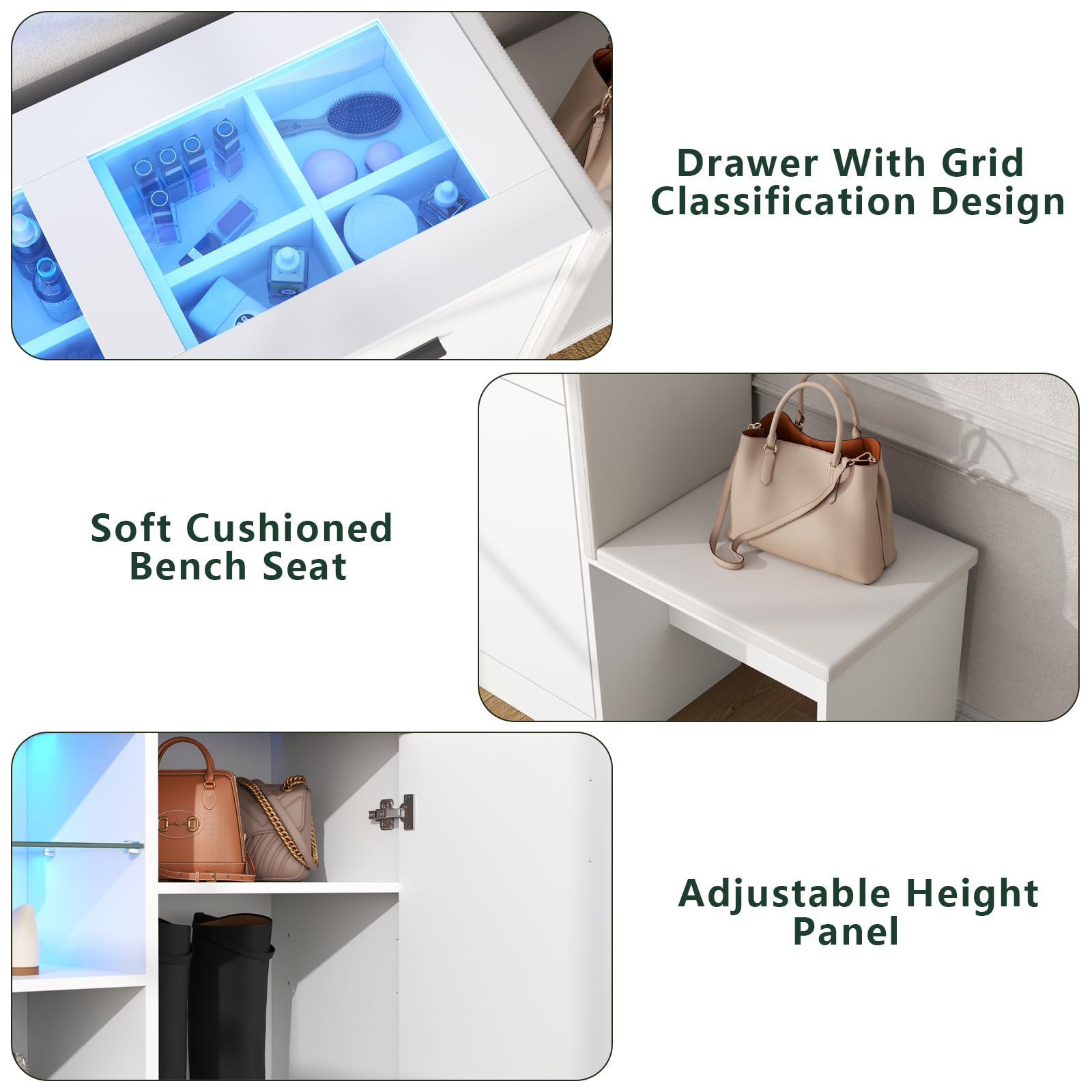 Modern Wardrobe Armoire with USB Charging & LED Lighting - 3-Door Closet with Glass Showcase, 3 Drawers & Storage Bench - Walk-in Closet Organizer for Bedroom, Dressing Room & Retail Stores (White) | Perfect for Home Organization & Boutique Display