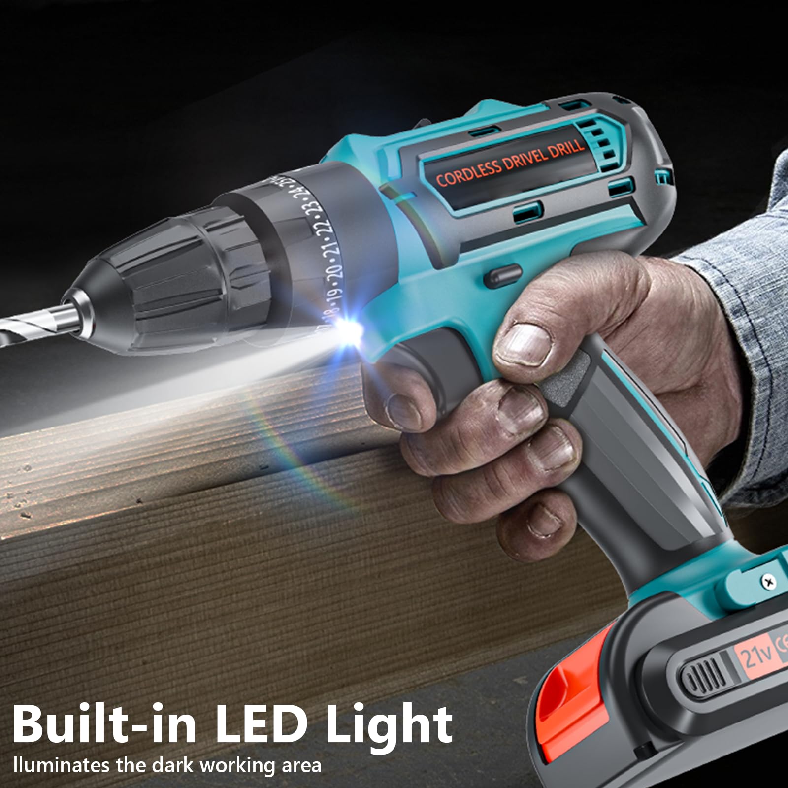 21V Cordless Drill Set with 2 Batteries & Charger - 45Nm Electric Power Drill Driver, 25+3 Torque, 2-Speed, 3/8