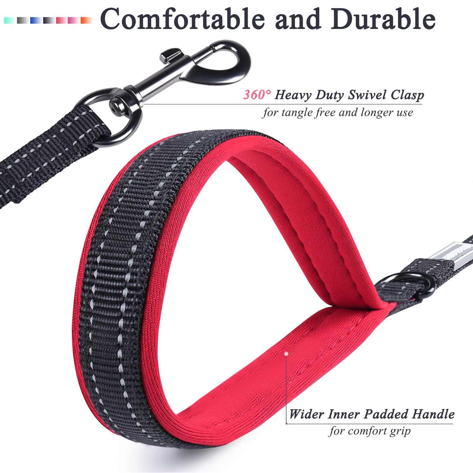 VIVAGLORY Heavy Duty Reflective Dog Leash with Dual Padded Handles - Strong Metal Hook Training Lead for Large Medium Small Dogs - Perfect for Walking, Running, Night Safety & Outdoor Adventures (Black)
