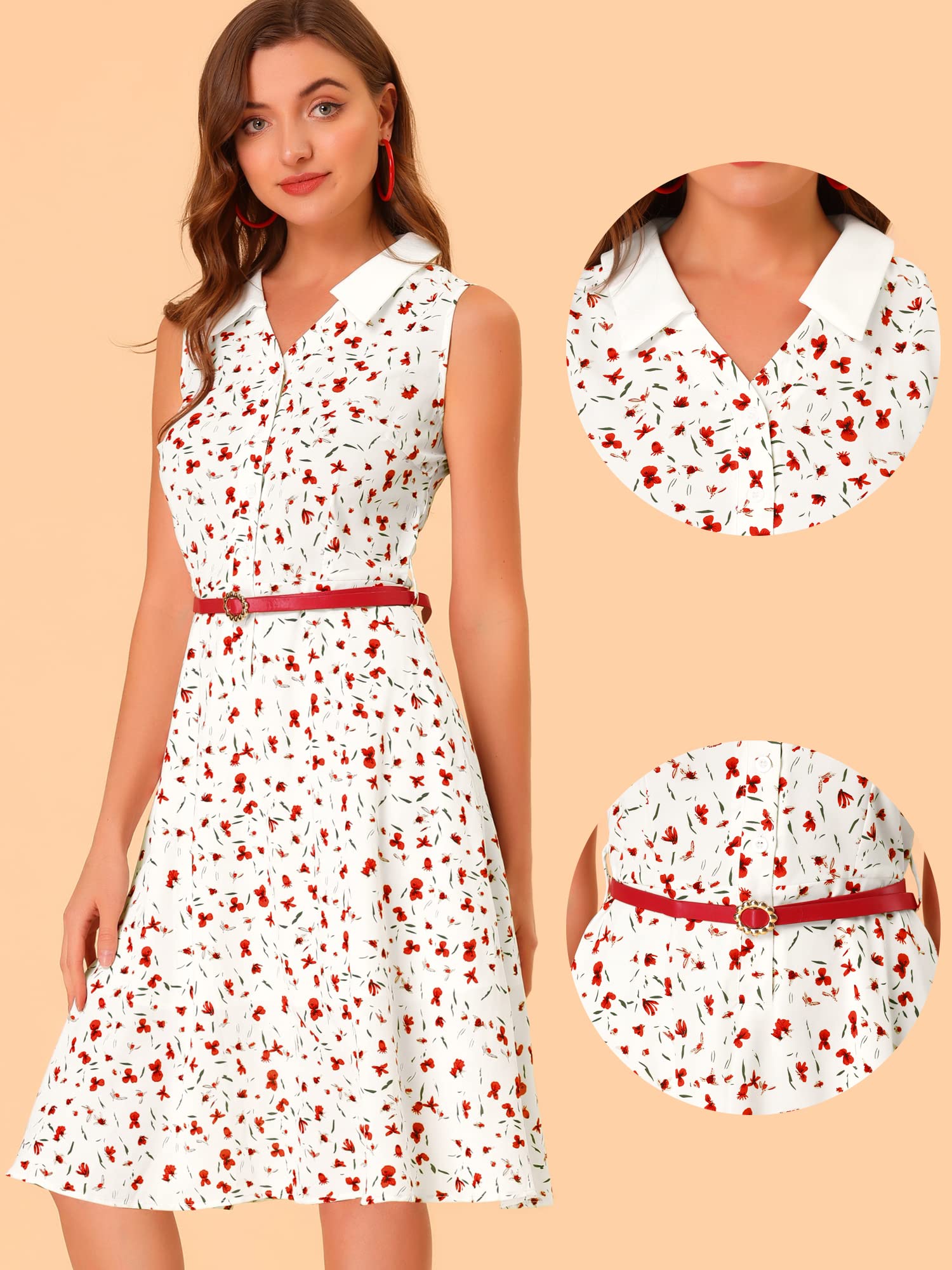 Allegra K Women's Floral Sleeveless Collar Shirt Dress with Belt - Retro Half Placket Summer Dress for Casual Outings, Office Wear & Special Occasions