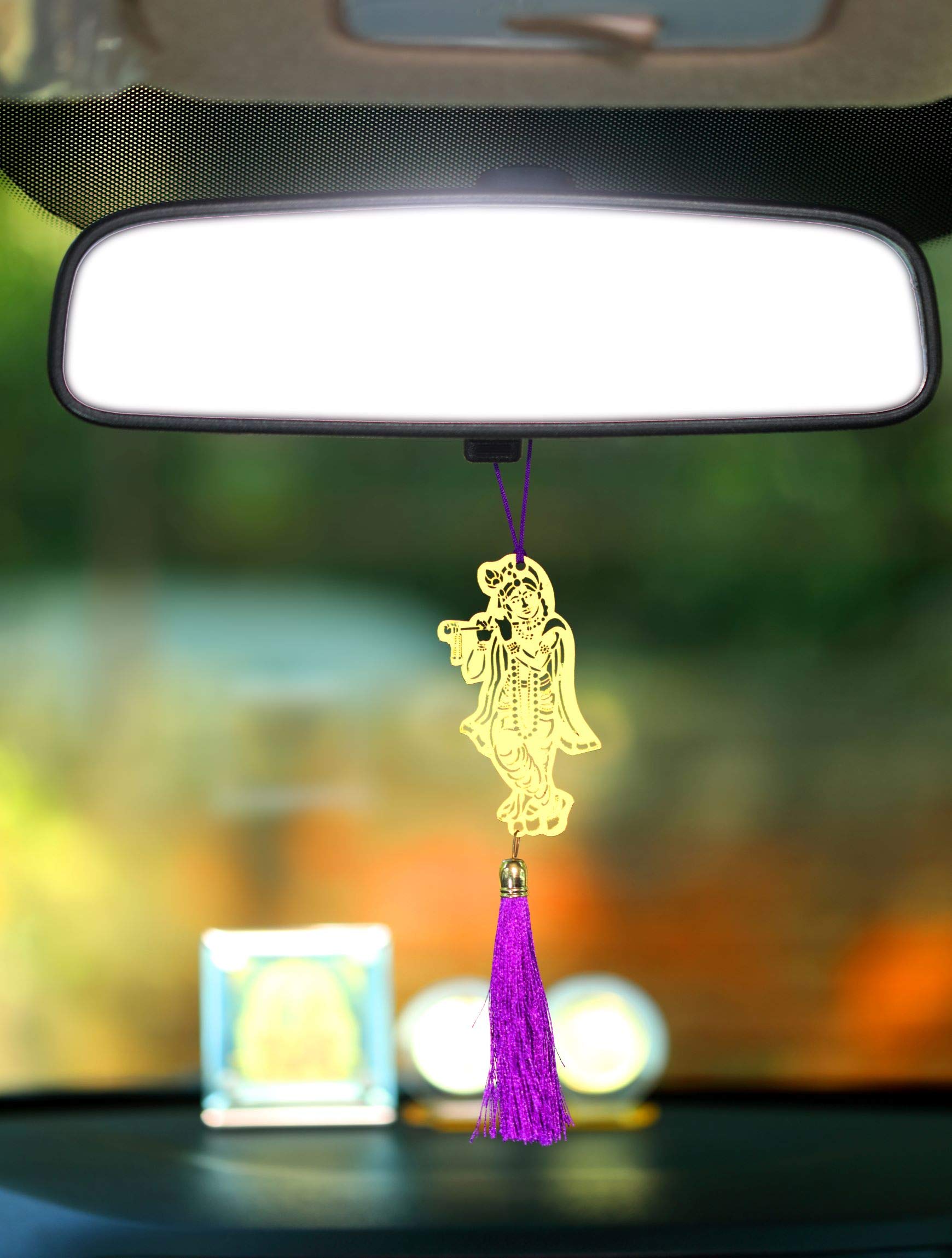 Handmade Shri Krishna Brass Car Hanging Ornament - Spiritual Rearview Mirror Pendant for Vehicle Protection & Good Luck | Perfect Car Charm Accessory for Hindu Devotees & Spiritual Decor | Safe Driving Amulet for Cars, Trucks & SUVs