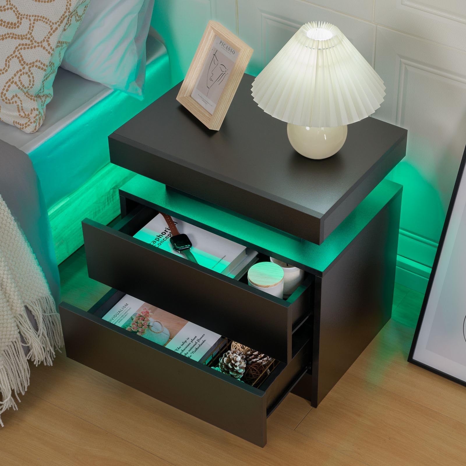 2-Piece Black Wood Nightstand Set with LED Lights & 2 Drawers - Modern Bedside Tables for Bedroom, Living Room, Dorm | Perfect for Small Spaces, Reading Nook & Storage Organization