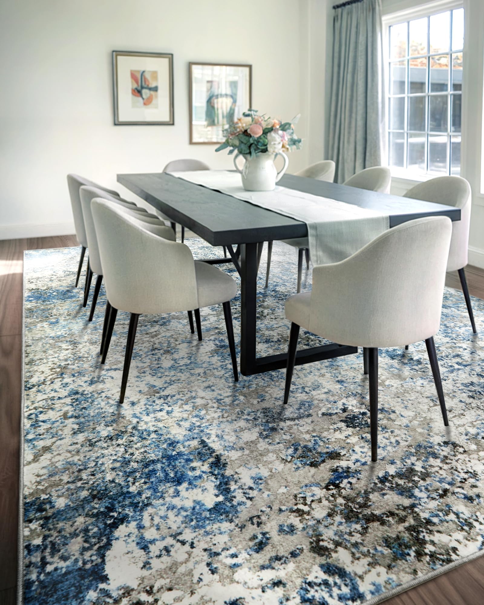 Washable 8x10 Modern Abstract Area Rug - Soft Neutral Non-Slip Low Pile Carpet for Living Room, Bedroom, Dining Room, Nursery & Home Office in Grey/Blue | Perfect for High-Traffic Areas & Cozy Home Decor