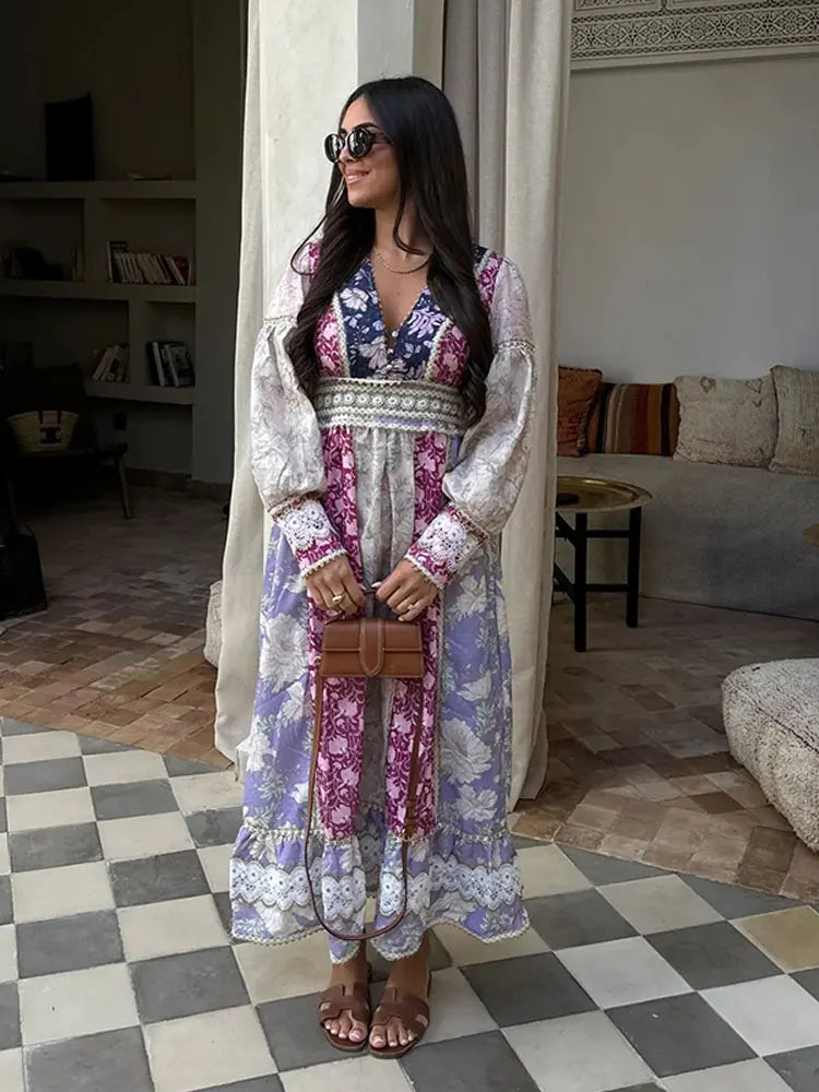 Stylish Patchwork Print Maxi Dress for Women - Long Sleeve V-Neck High Waist Vestidos - Perfect for Vacation, Party & Club Wear
