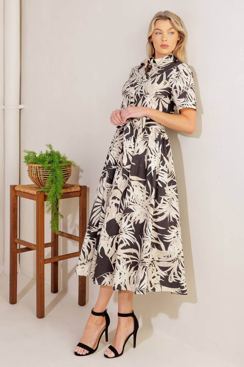 CARTER MIDI SHIRT DRESS - Black & Off White Leaf Print Floral Wrap Dress for Women | Casual Office Wear & Spring Summer Outfits