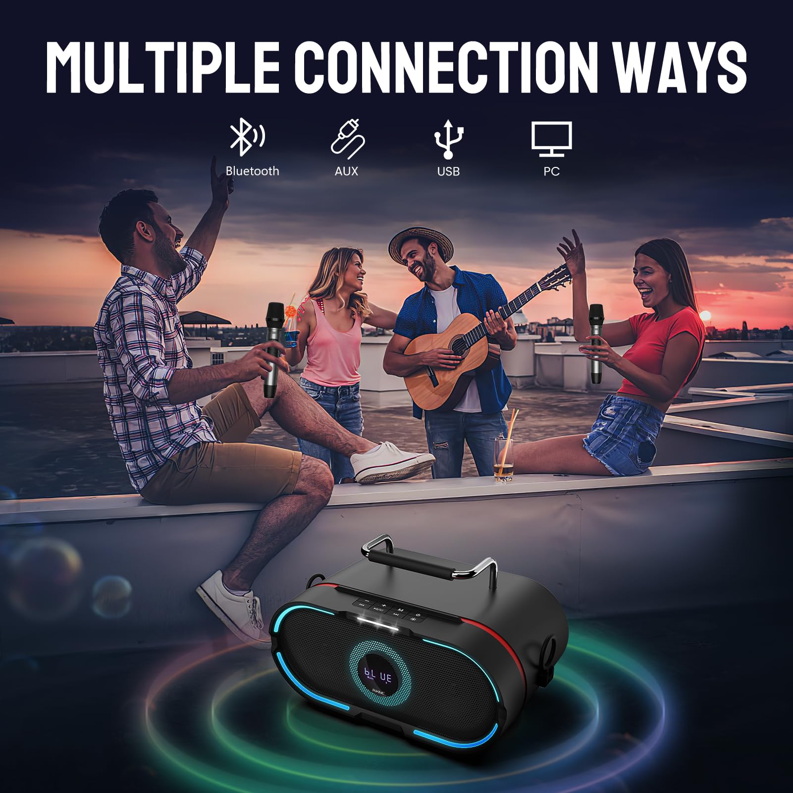 RHM K666PLUS Professional Karaoke Machine with 2 Wireless Microphones - Bluetooth, USB, AUX & PC Connectivity - Rechargeable Battery & 7-Hour Playtime - Ideal for Home Parties, Weddings, Outdoor Events & Christmas Celebrations - Powerful Sound System & Dynamic RGB Lights for Ultimate Entertainment Experience