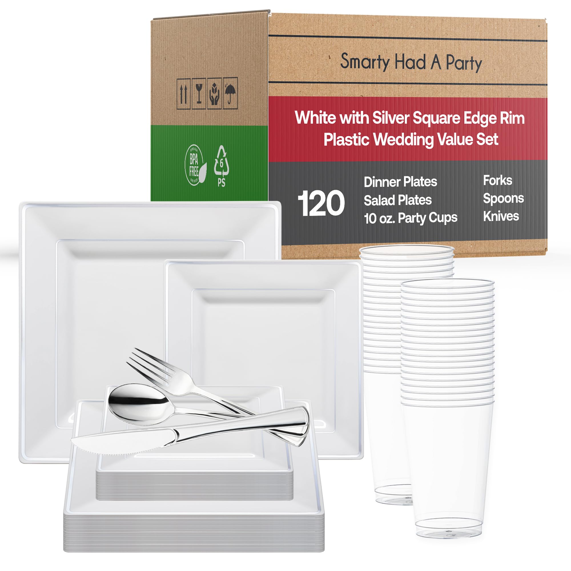 Premium Heavy-Duty Disposable Plastic Dinnerware Sets - Elegant Square Plates for Weddings, Birthdays & Special Events (White with Silver Trim, 120-Piece Wedding Value Pack) - Perfect for Catering, Parties & Large Gatherings