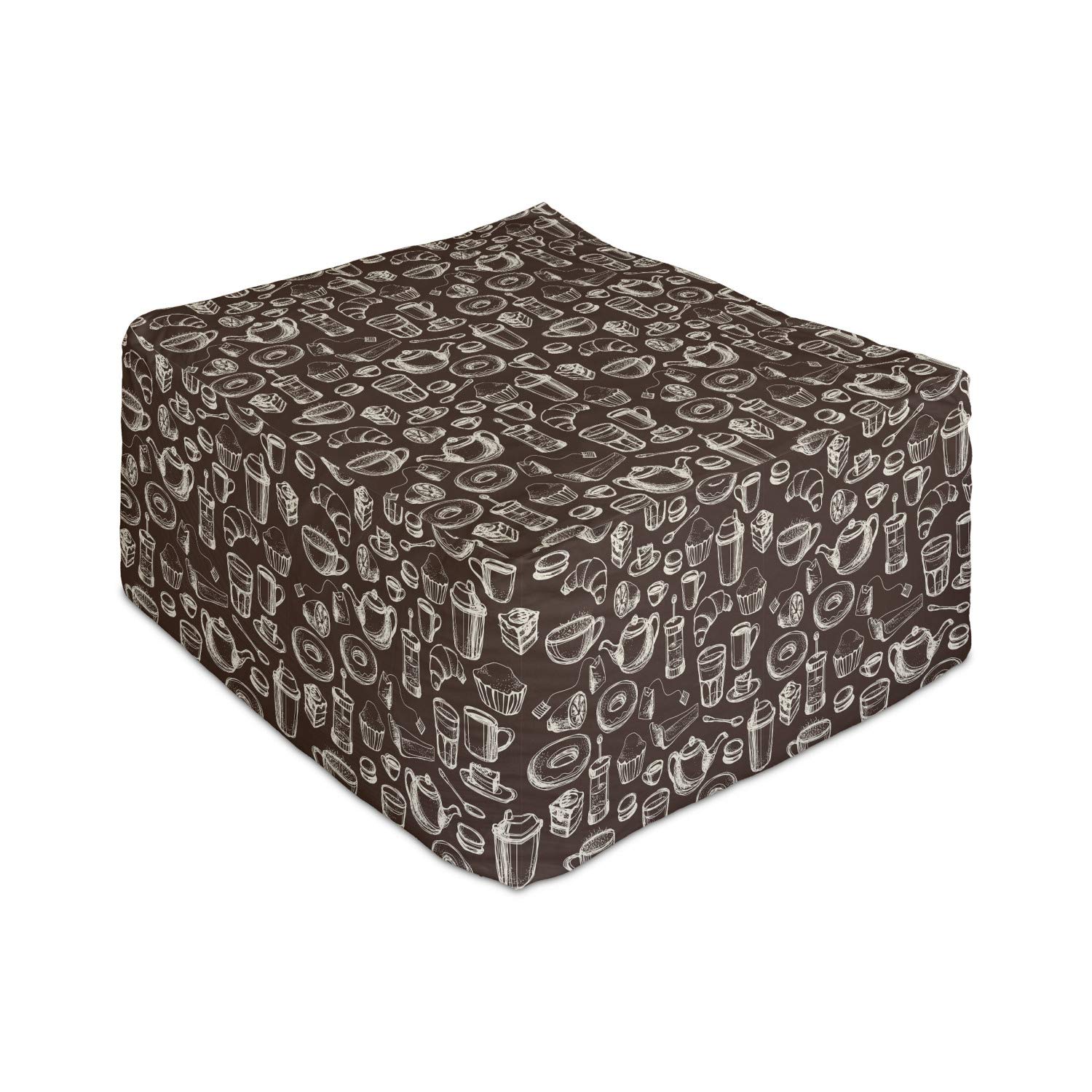 Ambesonne Brown and White Rectangle Pouf Ottoman - Hand Drawn Coffee Tea Cups & Donuts Pattern - 25 Inch Foot Stool for Living Room, Office, Bedroom - Soft Under Desk Footrest with Removable Cover - Perfect for Relaxing, Reading & Home Decor