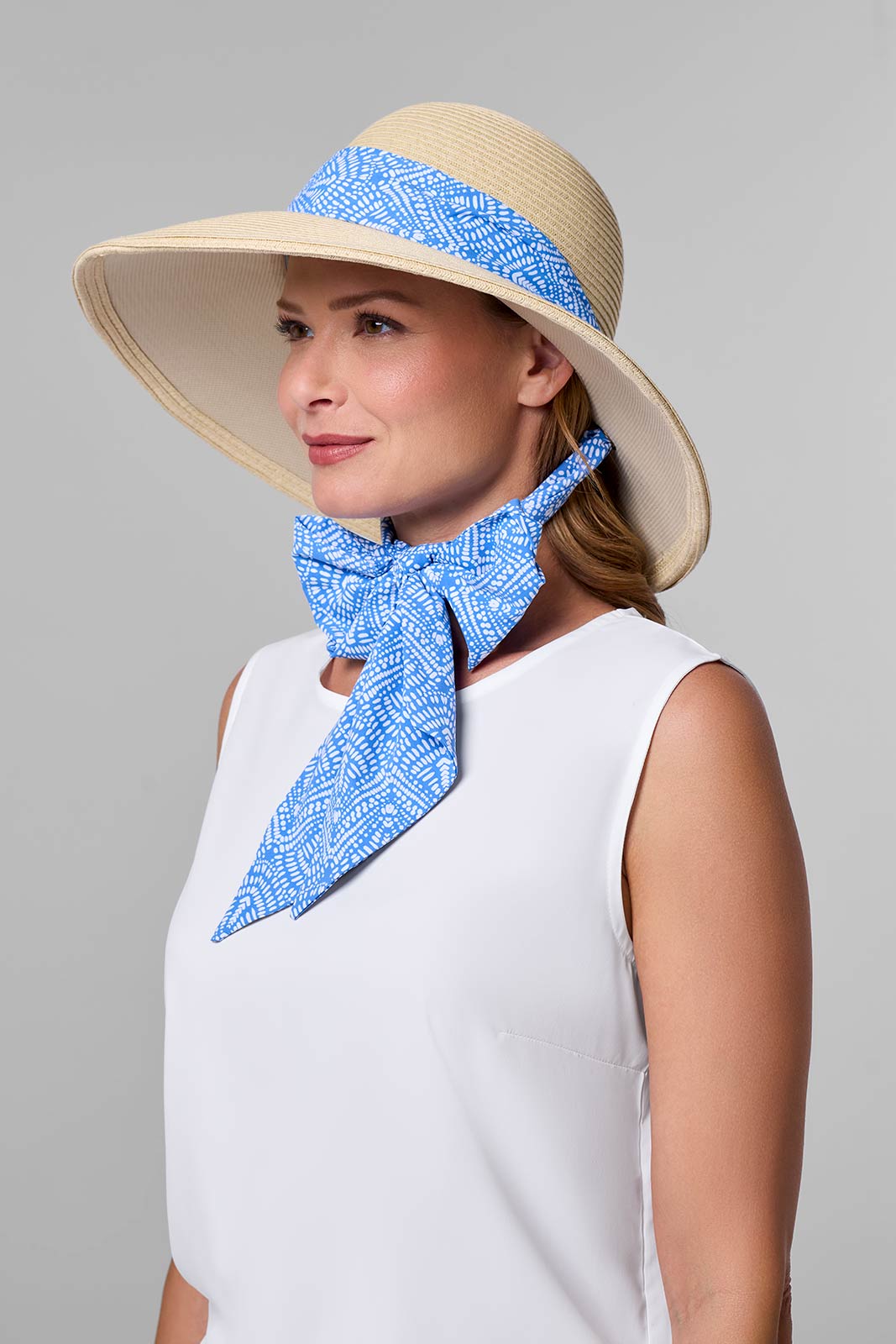 Stella Sun Hat with 2 Interchangeable Scarves - UV Protection Wide Brim Beach Hat in Natural/Aura Blue & White for Women - Perfect for Outdoor, Beach Vacations and Summer Fashion