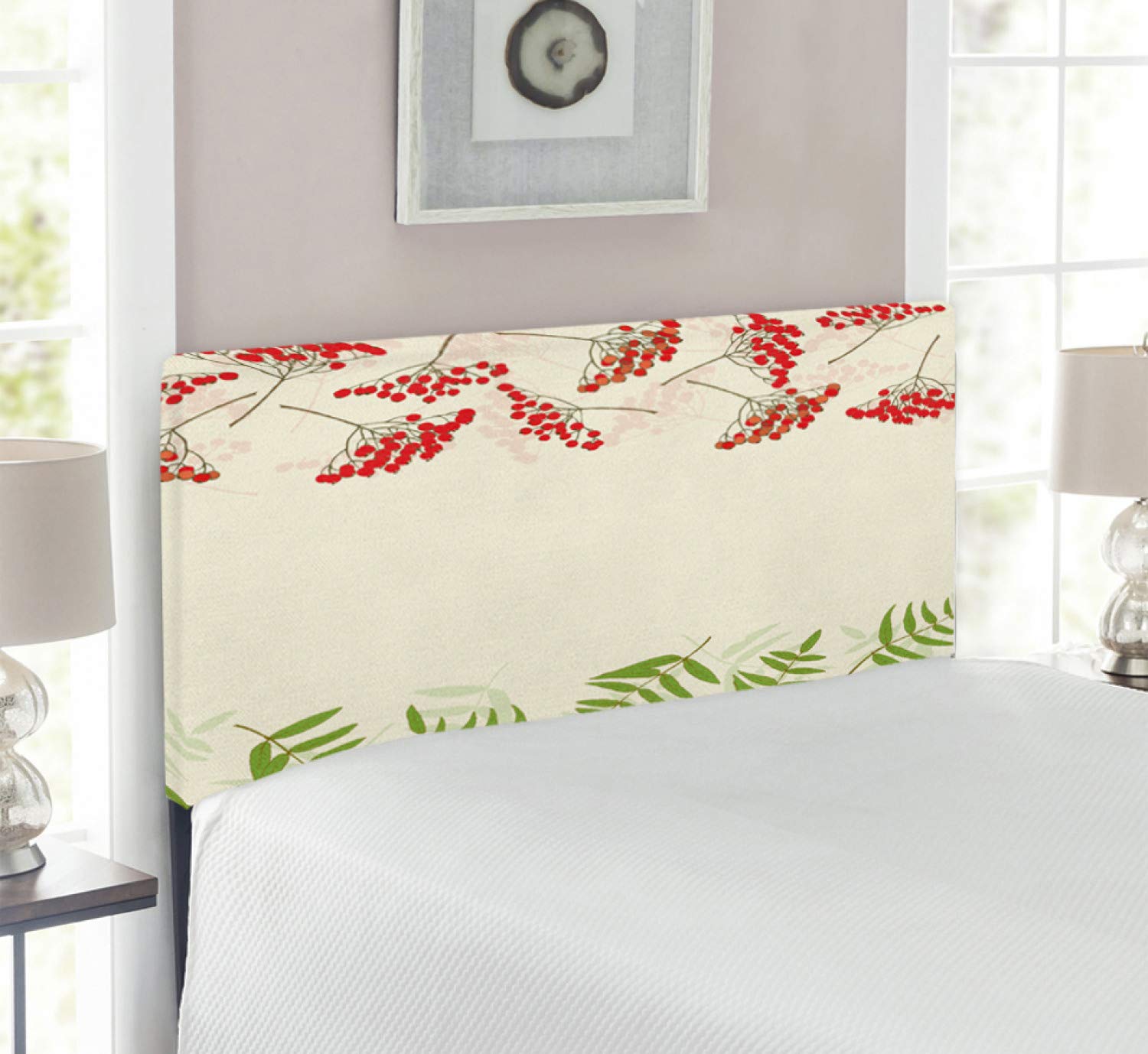 Ambesonne Rowan Upholstered Headboard - Twin Size, Fern Green & Vermilion, Botanical Berries & Mountain Ashes Design, Memory Foam Padding - Perfect for Bedroom Decor, Guest Room & Dormitory