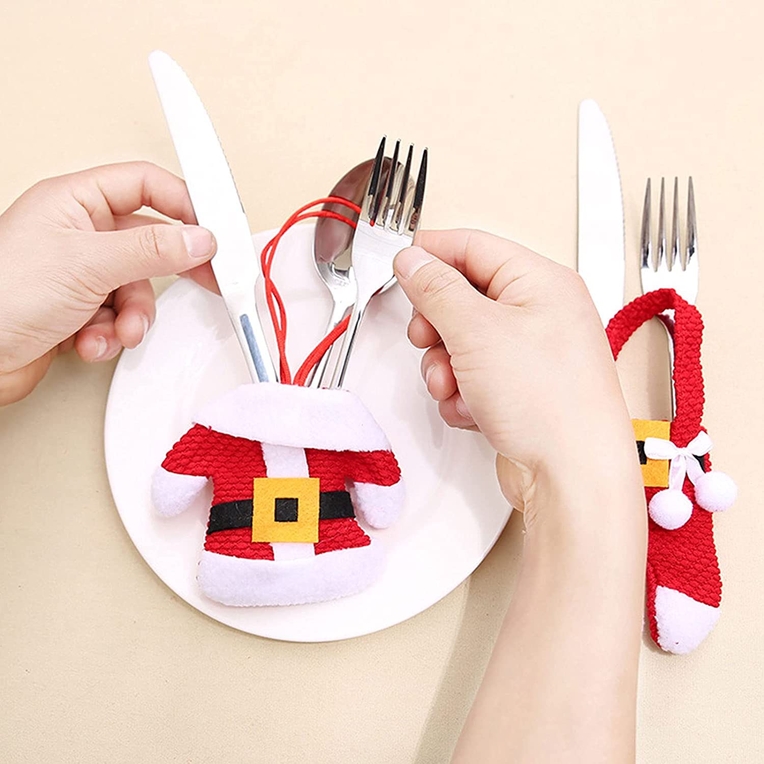 MSQ 4-Piece Christmas Knife and Fork Covers Set - Festive Red Snowman Pants Design for Holiday Table Decor - Perfect for Christmas Dinner, Xmas Party, Thanksgiving & Winter Celebrations