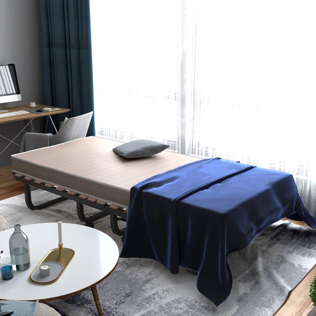 KOMFOTT Folding Guest Bed with 4 Inch Memory Foam Mattress - Portable Rollaway Bed with Sturdy Steel Frame & Wheels for Adults - Made in Italy - Perfect for Spare Rooms, Sleepovers & Small Apartments