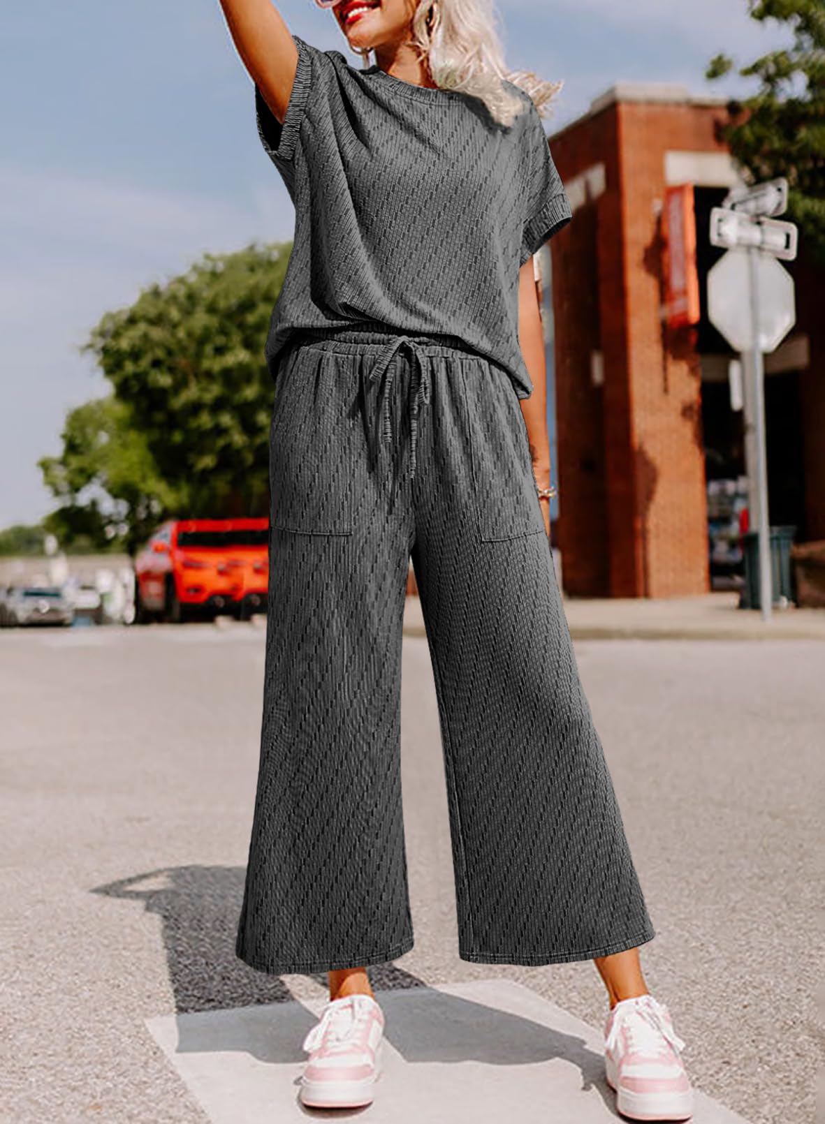 Dokotoo Women's 2-Piece Casual Outfit - Short Sleeve Summer Top & High Waist Wide Leg Pants Lounge Set | Comfortable Loungewear for Home, Travel & Vacation