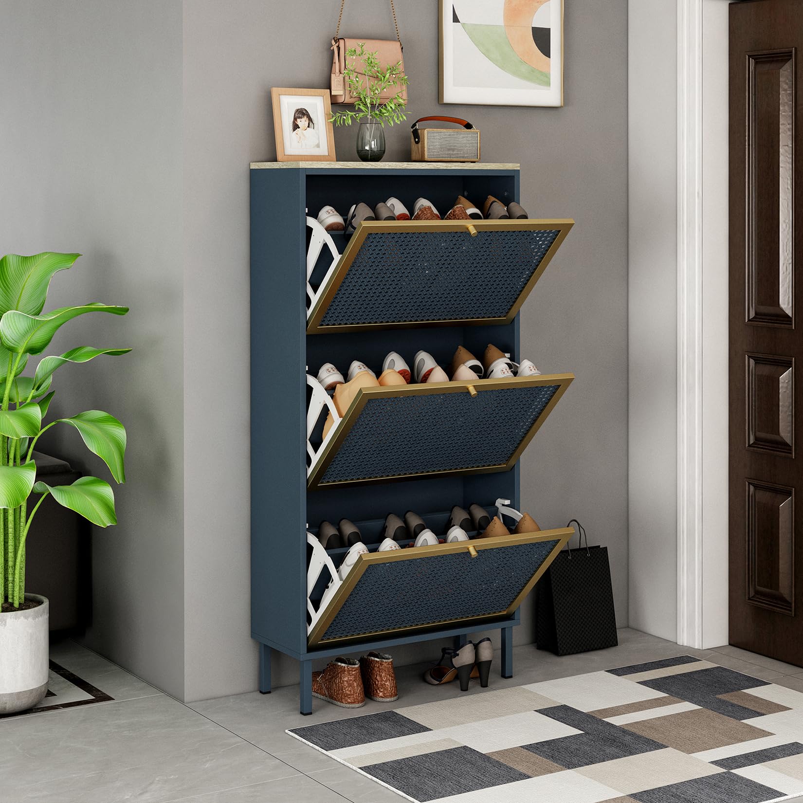 Modern 3-Tier Metal Rattan Shoe Rack Organizer - Freestanding Entryway Shoe Storage Cabinet for Hallway, Living Room & Bedroom - Space-Saving Blue Shoe Shelf for Home Organization