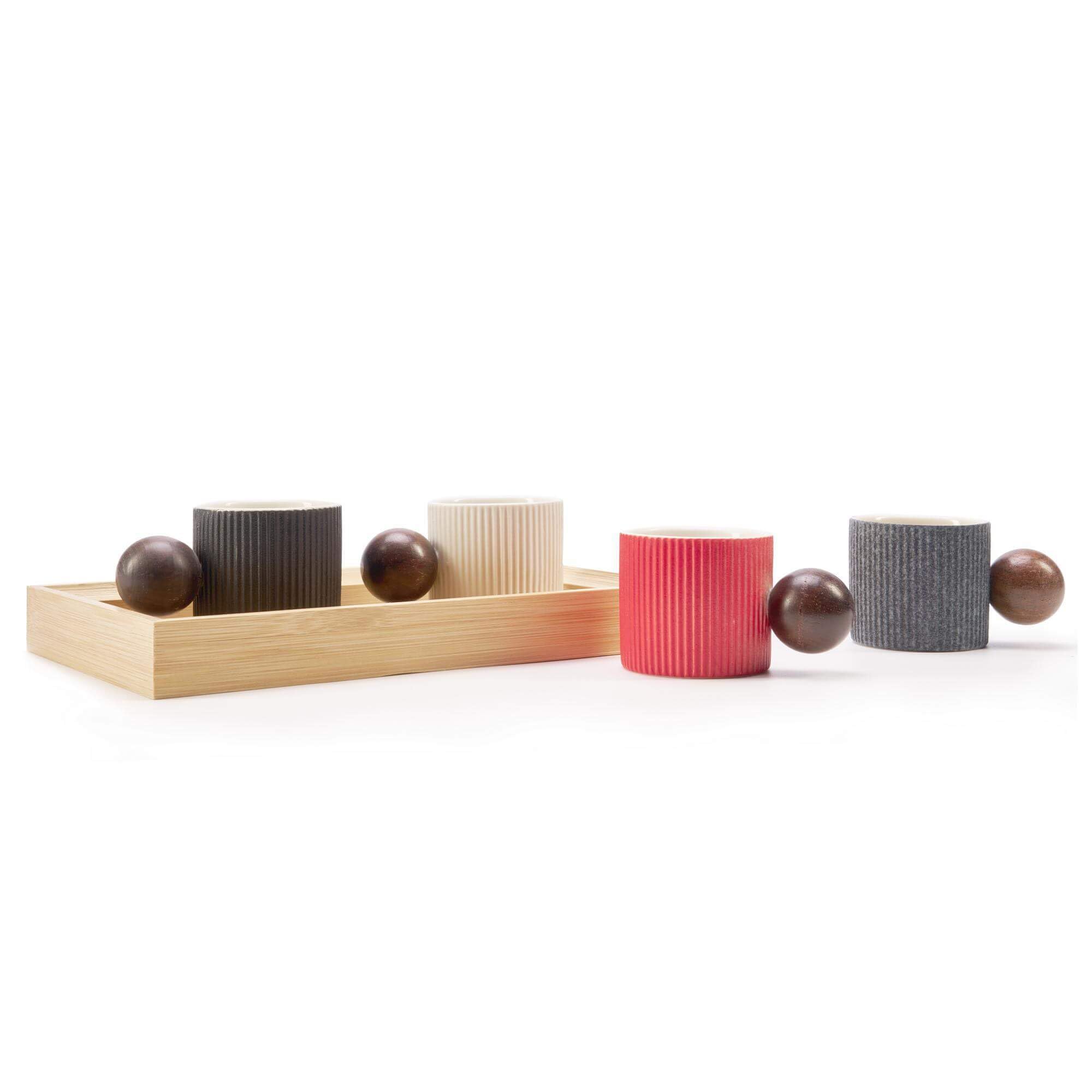 Premium Ceramic Mini Espresso Cups Set - 4pcs Demitasse Cups with Wooden Handles & Vertical Stripes (Black/White) - Perfect for Coffee, Tea, Dessert & Home Decor