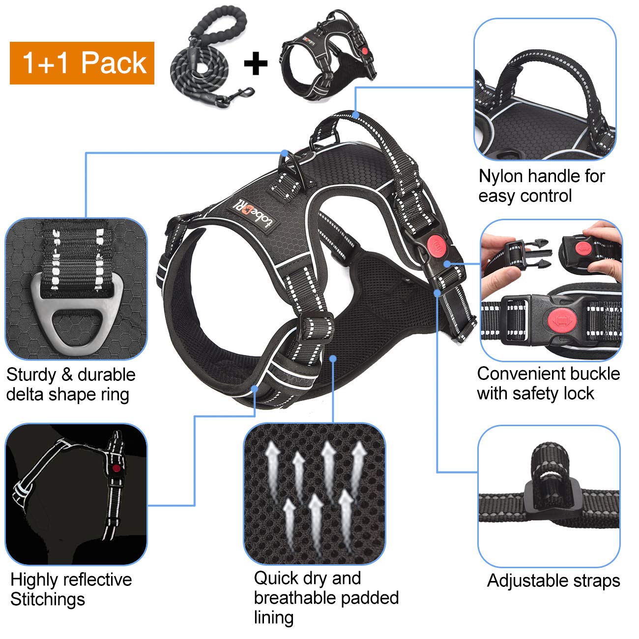 No Pull Dog Harness with Heavy Duty 5ft Leash - Adjustable Reflective Oxford Vest for Medium & Large Dogs (18