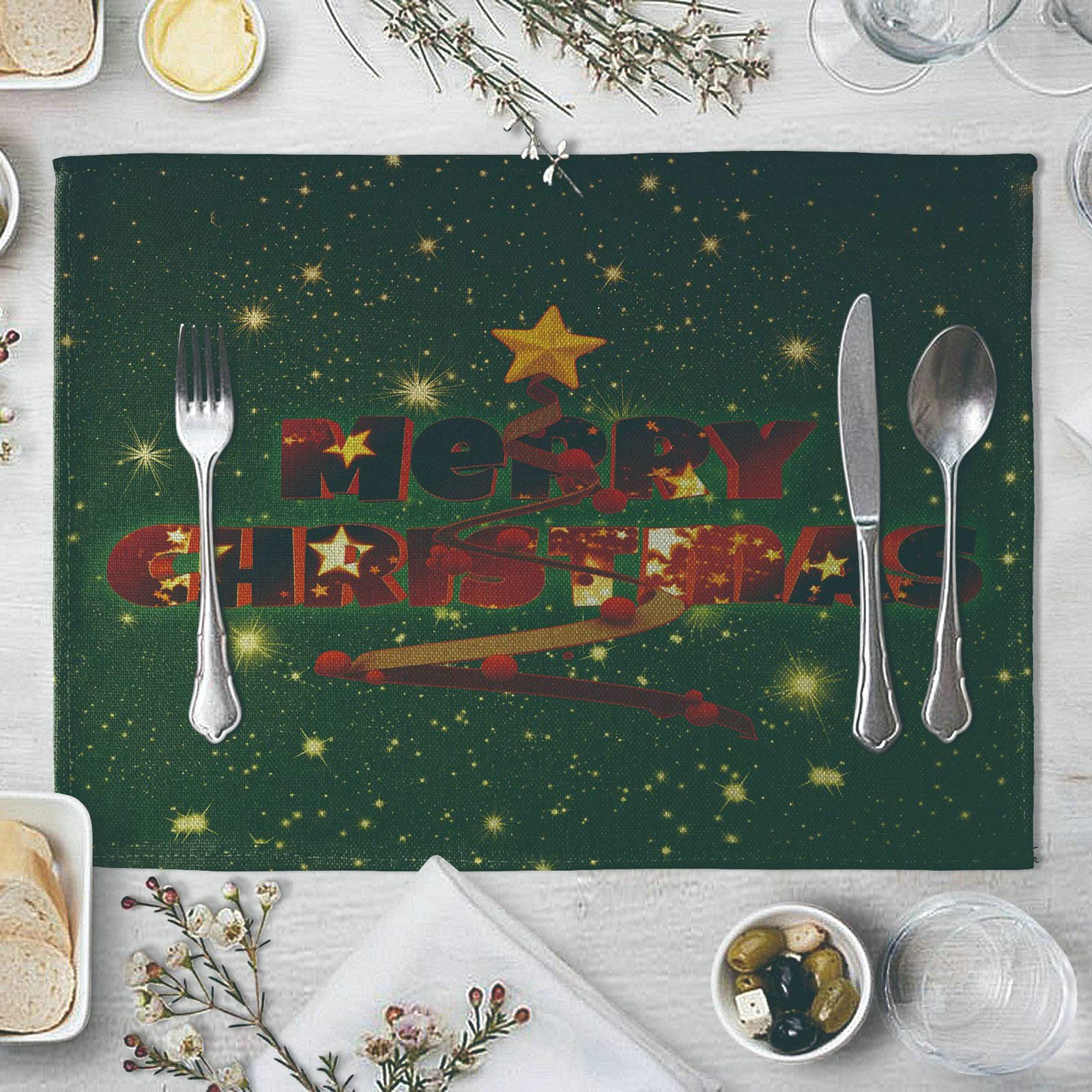 Premium 2-Piece Lieson Placemats Set - Red & Green Cotton Linen Table Mats for Dining (16x12 Inch) | Christmas Star Design | Holiday Dinner Party, Family Gathering & Home Decor