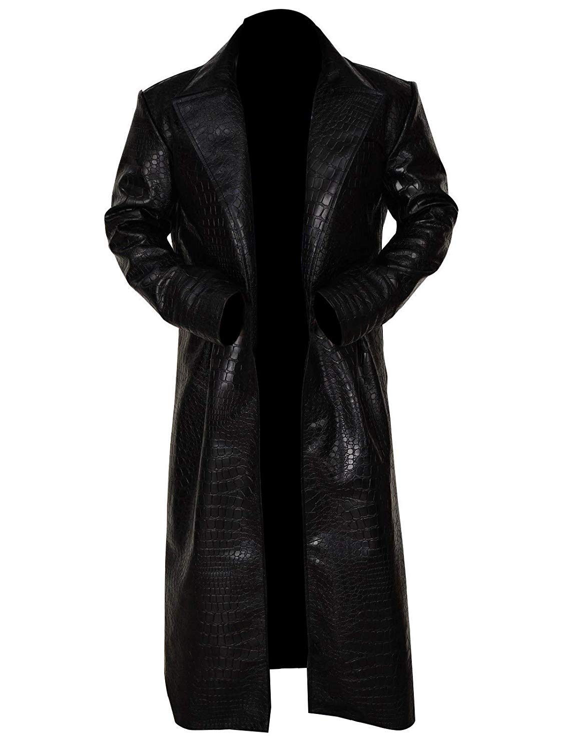 Matrix Morpheus Black Crocodile Long Leather Trench Coat for Men - Full Length Waterproof Winter Coat for Business, Formal Events & Cosplay
