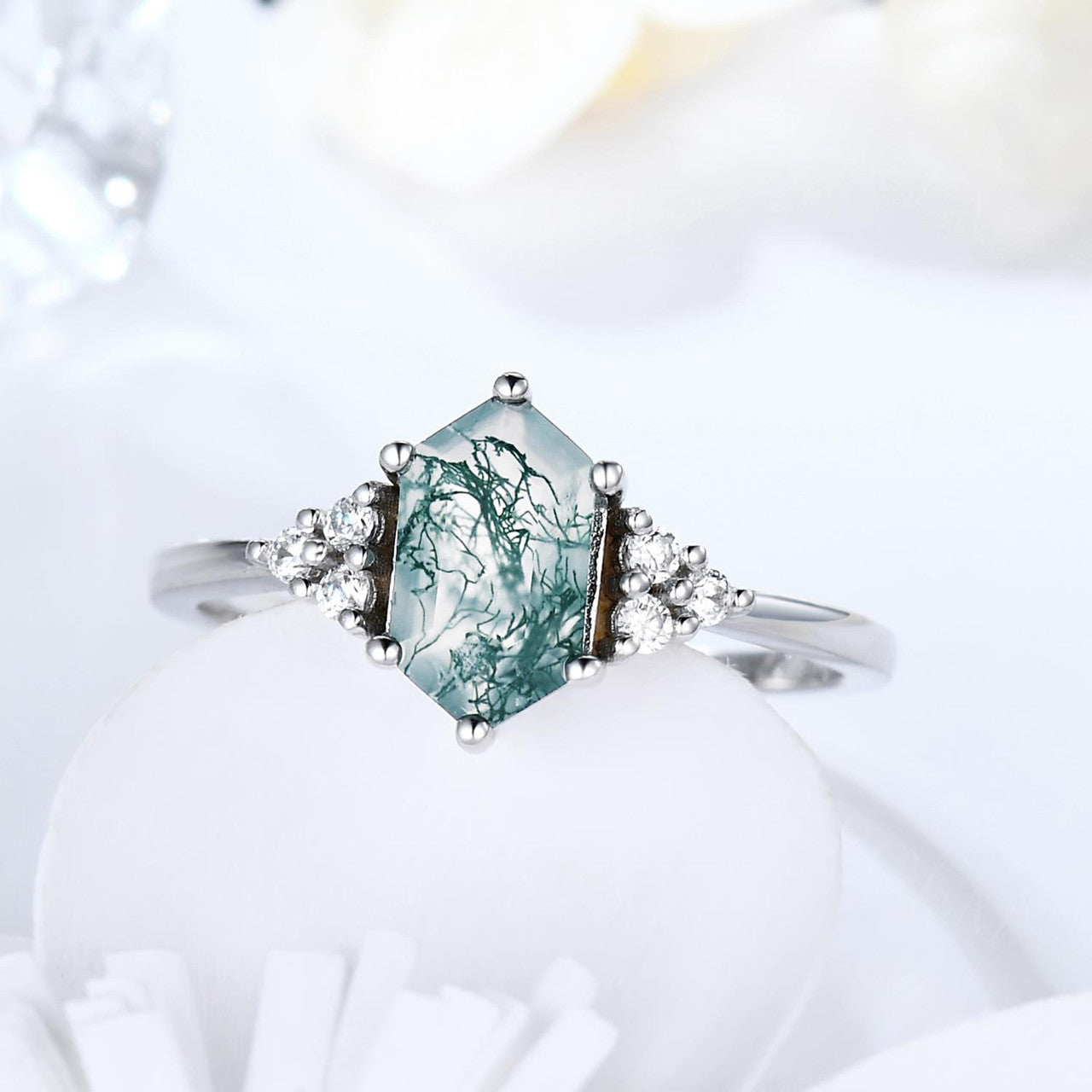 Long Hexagon Cut Moss Agate Engagement Ring with Cluster Diamond Accents - Green Crystal Elongated White Gold Wedding Band for Women | Perfect for Proposals, Anniversaries & Romantic Occasions