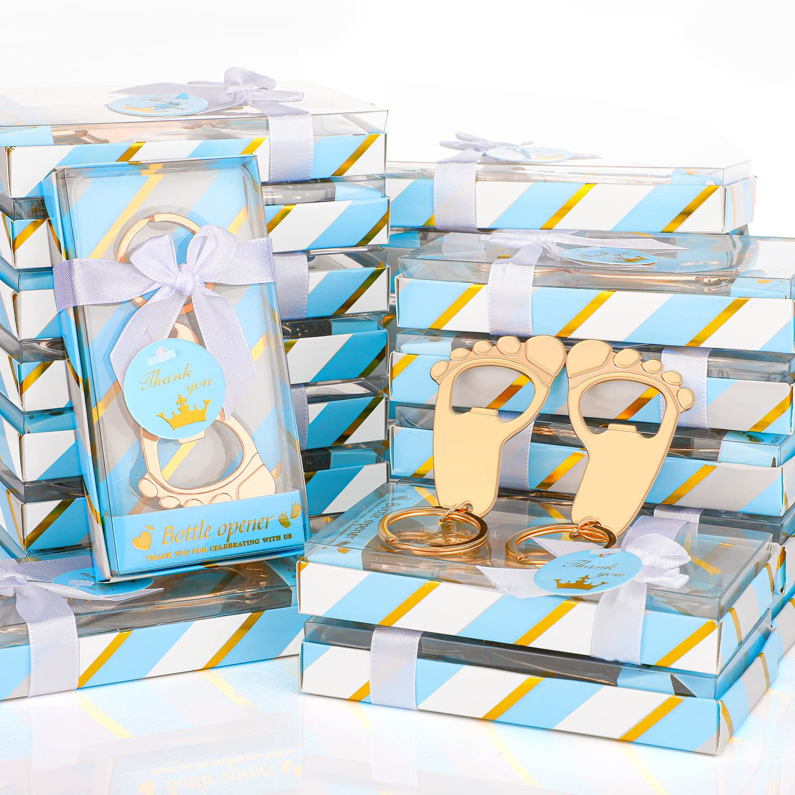 72 Pcs Gold Baby Footprint Bottle Openers Keychain Set - Baby Shower Favors, Gender Reveal Gifts, Wedding Party Supplies for Guests (Blue Box) - Perfect for Baby Showers, Bridal Showers, and Gender Reveal Parties