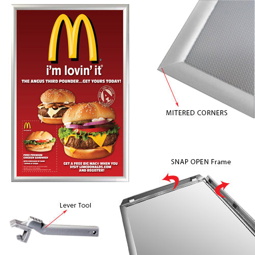 20x30 Euro Style Security Snap Frame Poster Sign Holder - Silver Metal Frame with Lever Tool | Ideal for Retail Displays, Restaurants, Offices & Events
