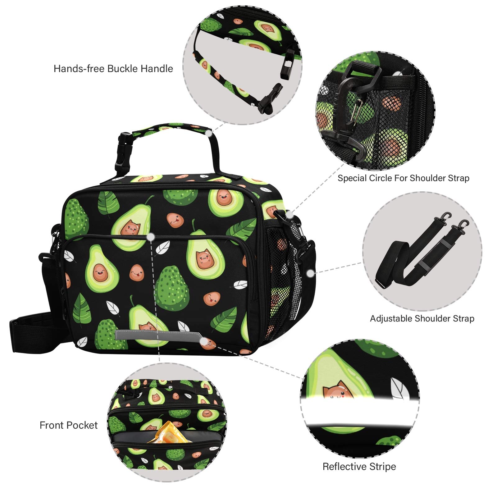 Kawaii Avocado Fruit Insulated Lunch Bag - Leakproof Reusable Lunch Box with Large Drinks Holder for Kids, Adults, School & Office - Perfect for Picnics, Work Lunches & Outdoor Activities