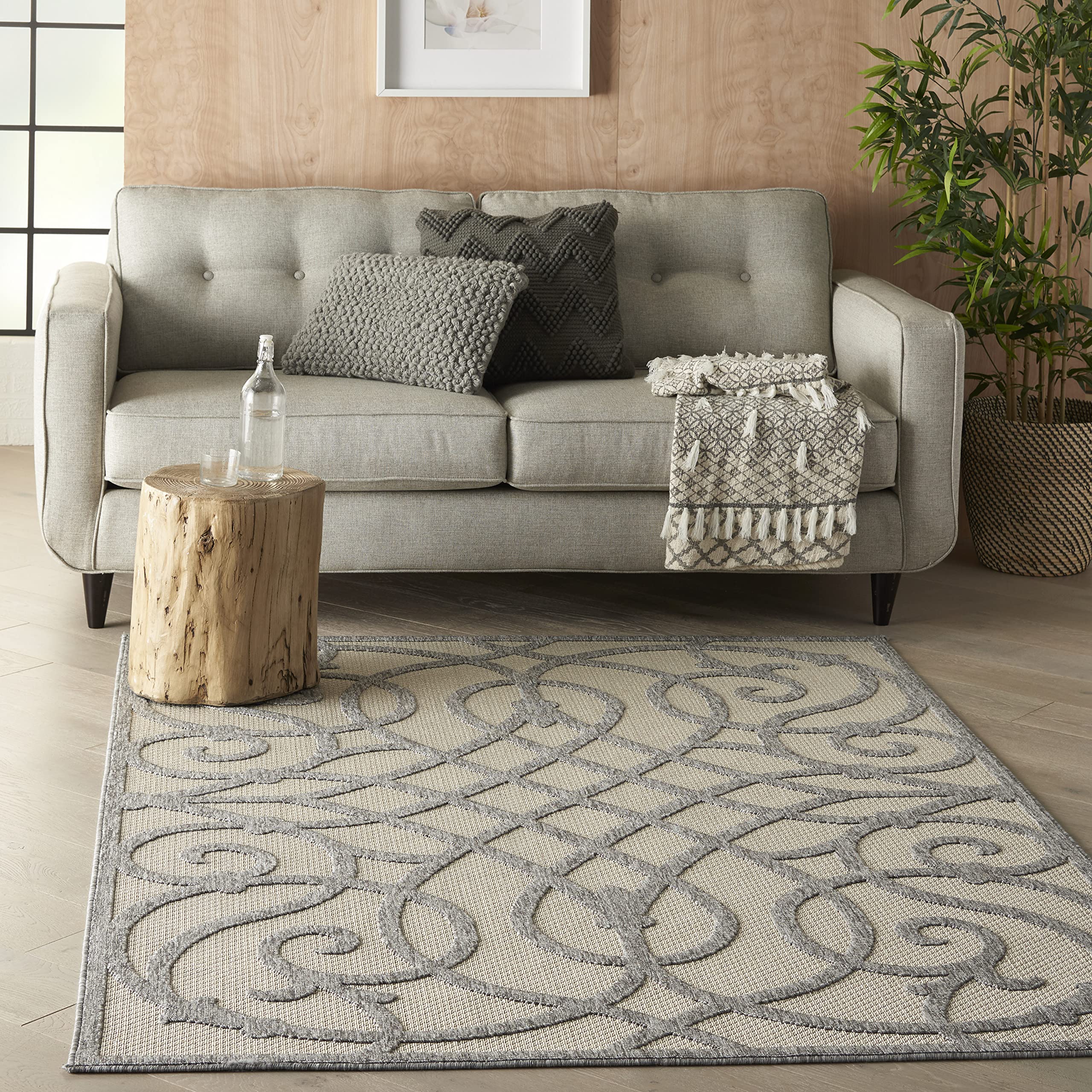 Nourison Palamos 6' x 9' Indoor/Outdoor Area Rug in Cream Grey - Easy to Clean, Non-Shedding, Stain Resistant - Perfect for Bedroom, Living Room, Dining Room, Backyard, Deck & Patio - Soft & Durable for Home Decor & Outdoor Entertaining