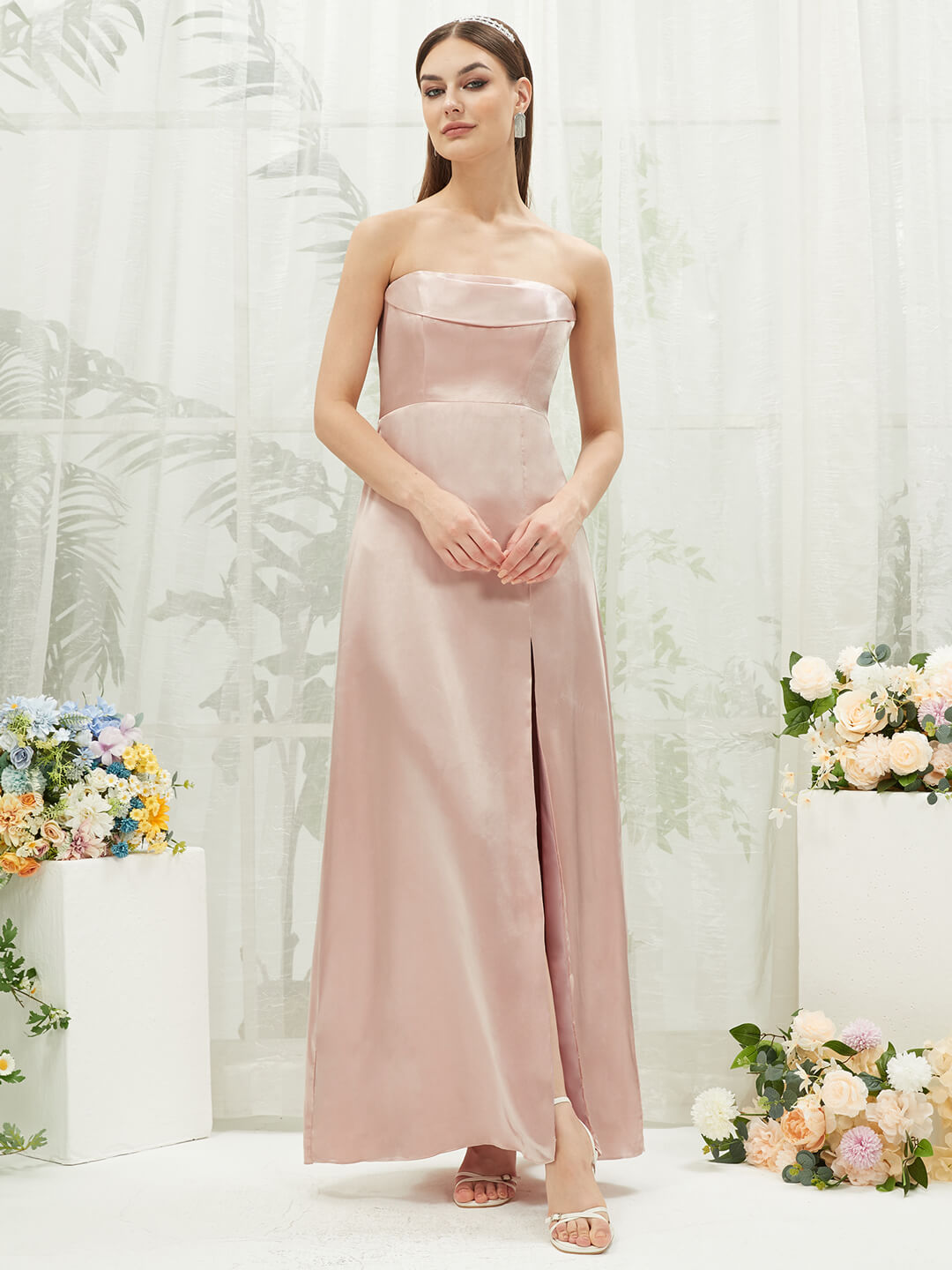 Elegant Blush Satin Convertible Bridesmaid Dress with High Slit & Floor Length - Perfect for Weddings, Prom, Formal Events & Special Occasions