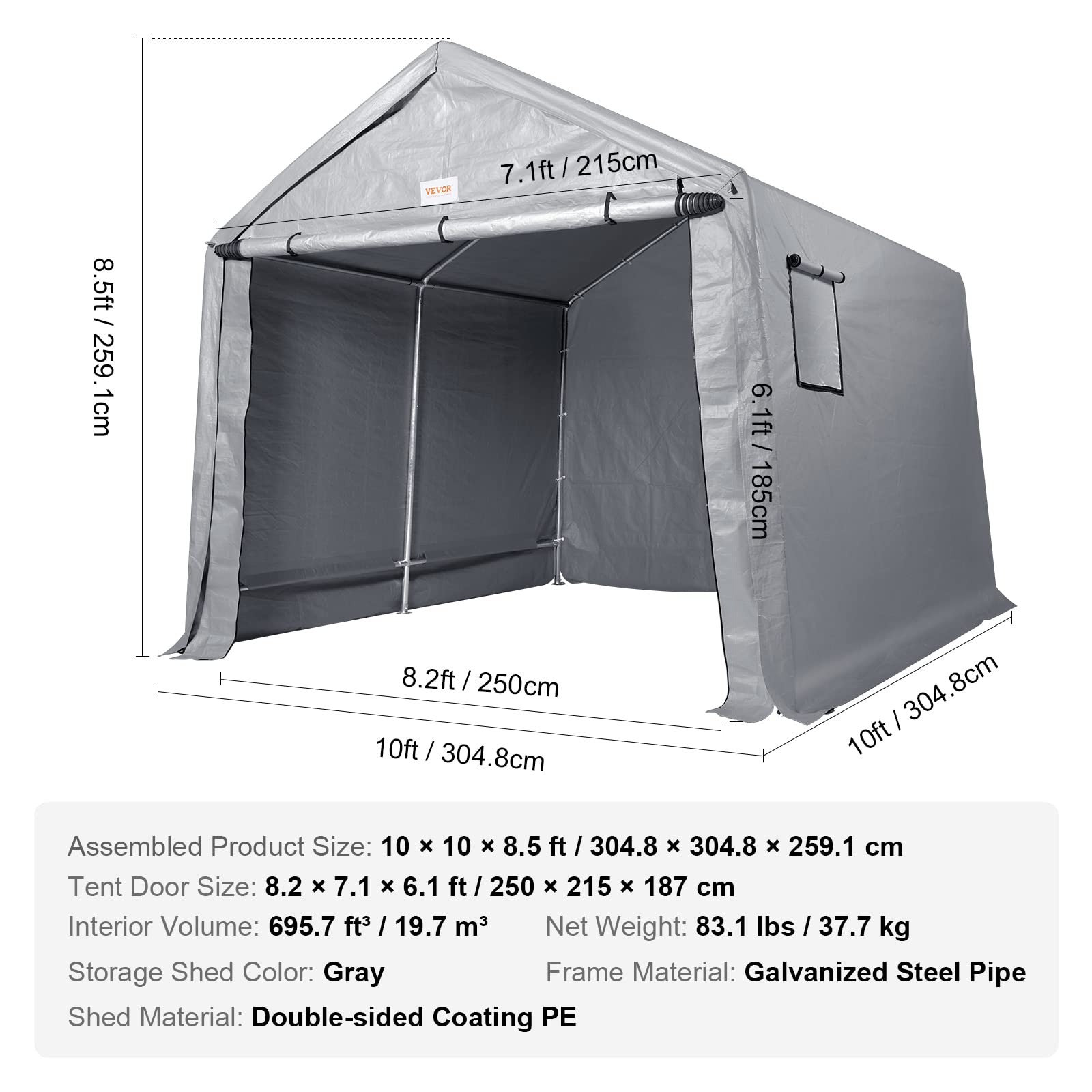 VEVOR 10x10x8.5 ft Heavy Duty Portable Storage Shed Tent - Waterproof Outdoor Shelter with Roll-up Zipper Door & Ventilation for Motorcycle, Bike, Garden Tools - Perfect for Backyard, Patio, and Garage Storage