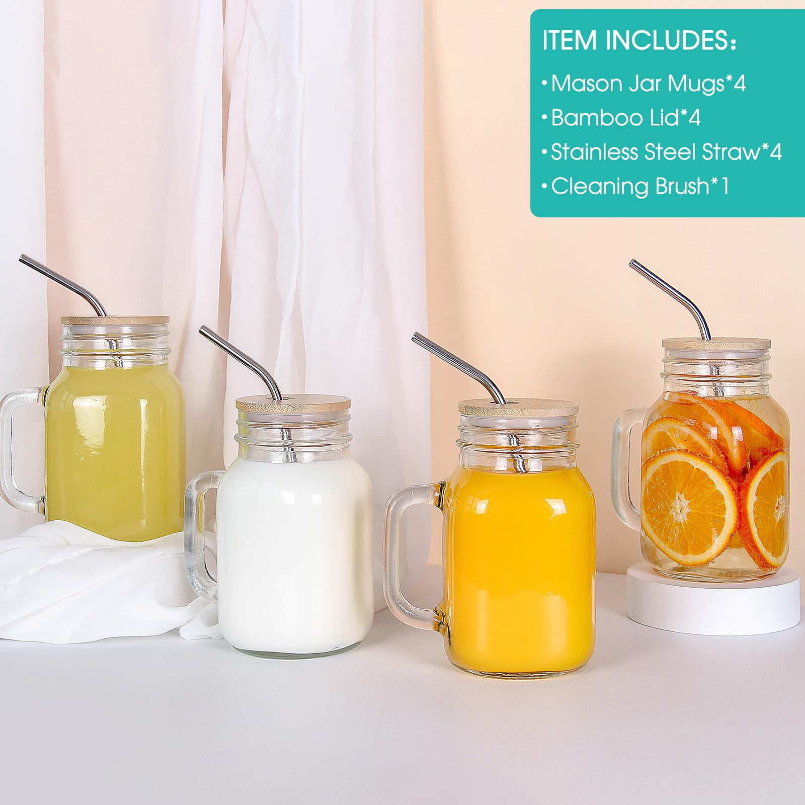4 Pack 20 Oz Mason Jars with Bamboo Lids & Straws - Reusable Drinking Glasses for Iced Coffee, Juice, Smoothies, Kombucha, Tea & Milk - Perfect for Home, Office, Picnics & Outdoor Activities