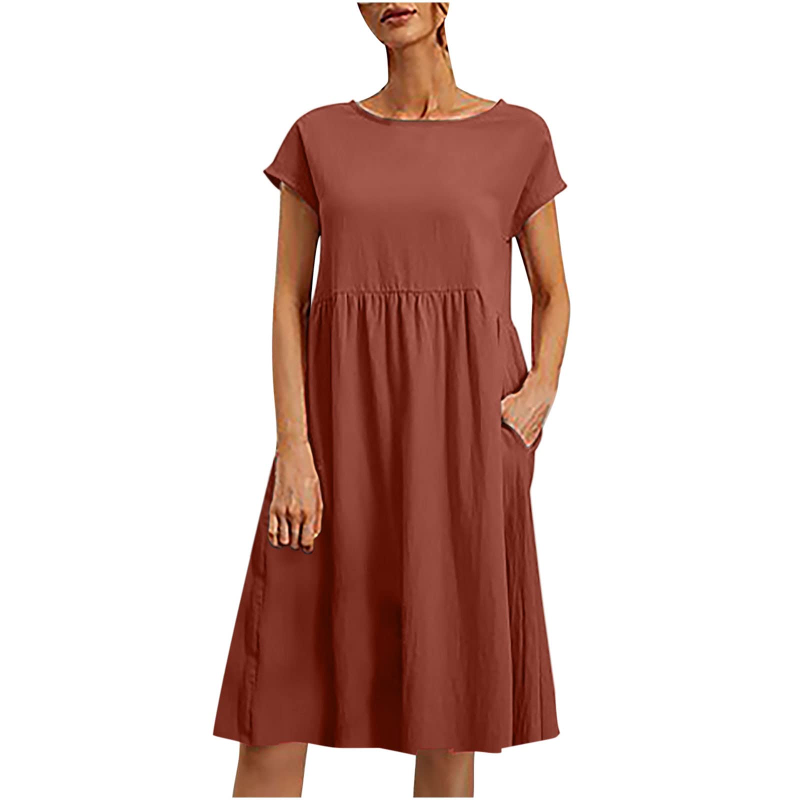 Women's Summer Linen Dress - Solid Color Round Neck Tiered Short Sleeve Bohemian Maxi Dress for Casual Wear, Beach & Spring | Loose Comfortable Pink Flowy Dress for Women | Perfect for Daily Outings, Vacations & Summer Parties