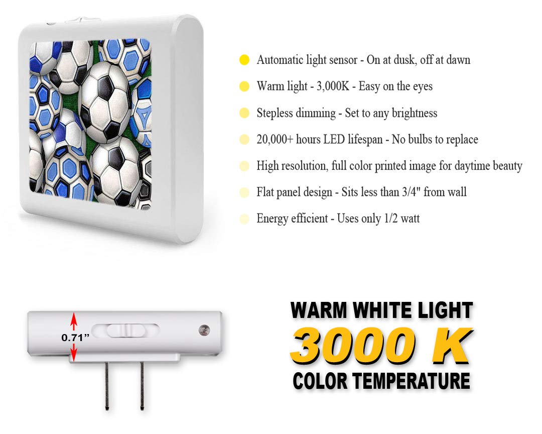Dimmable LED Night Light with Auto On/Off Sensor, Adjustable Brightness & Warm White Light for Bathroom, Hallway, Nursery, Bedroom - Soccer Ball Design - Perfect for Kids' Rooms, Stair Safety & Nighttime Bathroom Visits