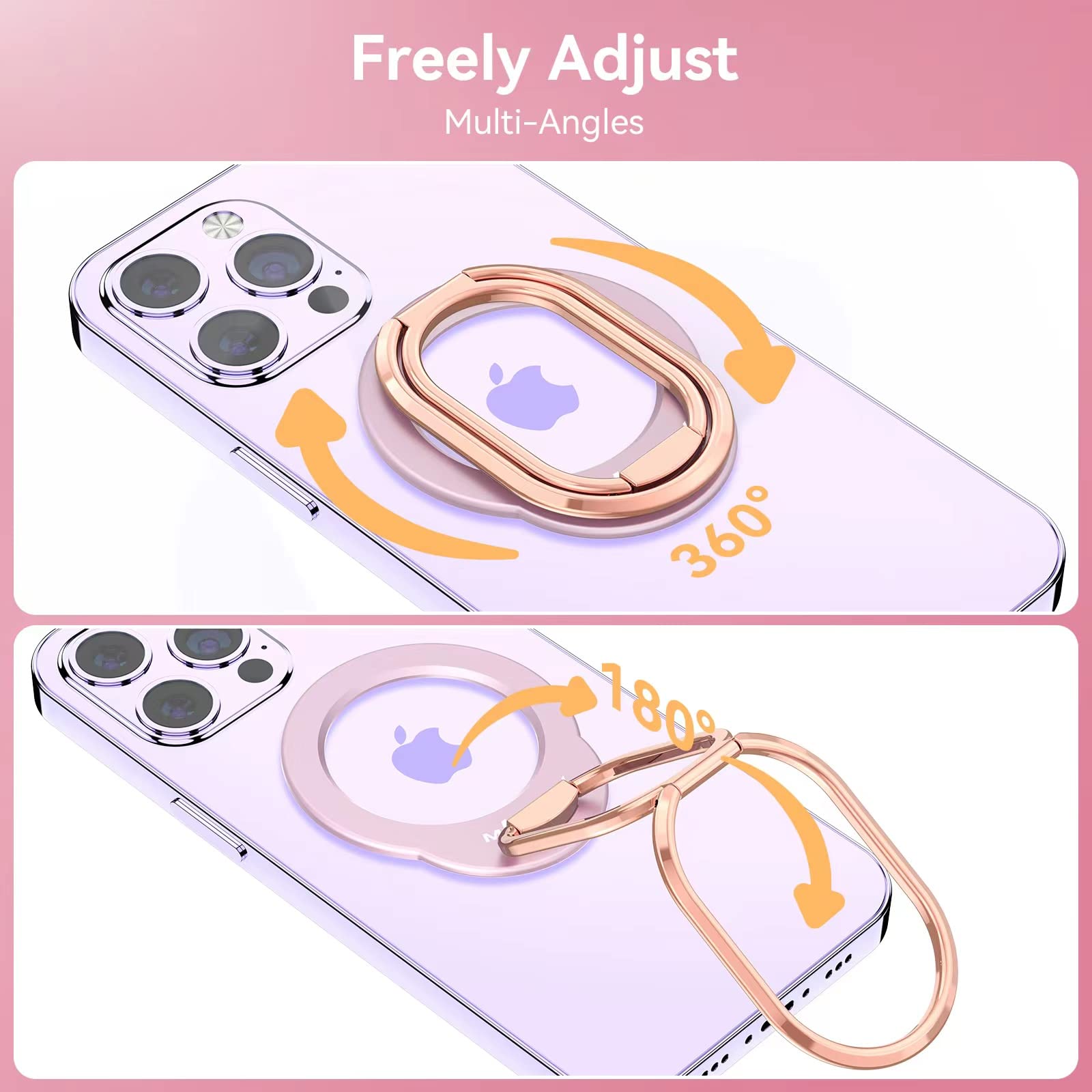 MINDSKY Magnetic Phone Stand & Grip - Compatible with iPhone 12/13/14/15 Mini/Pro/Pro Max, Removable Mag-Safe Ring Holder with Strong Magnet (Rose Gold Pink) - Perfect for Hands-Free Viewing, Gaming, and Video Calls